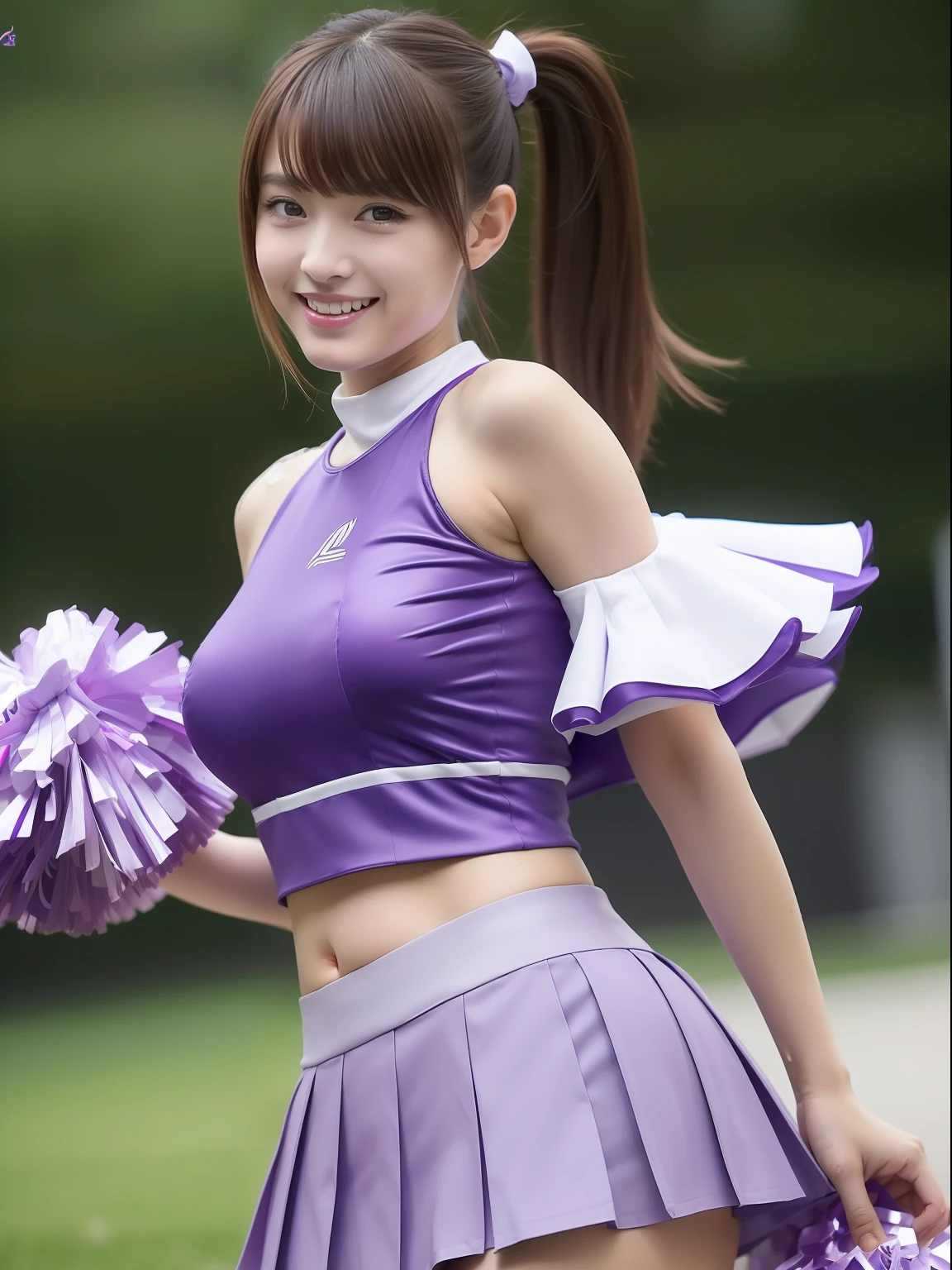 masuter piece, best qualtiy, ((realisitic)), ((1 person)), 8K picture quality, extremely delicate and beautiful, magnifica, Official art with attention to detail, Ridiculous, unbelievable Ridiculous, huge filesize, ultra-detailliert, ighly detailed, (Beautiful petite girl), (detailed girl), (Korean beauty), Brown hair, ((poneyTail)), ((Perfect female figure)), large full breasts, Slim waist, big butts, (((Purple Cheerleading Costume, Mini flared skirt))), High exposure, With bangs, Feminine look, (ssmile), (Gymnasium)
