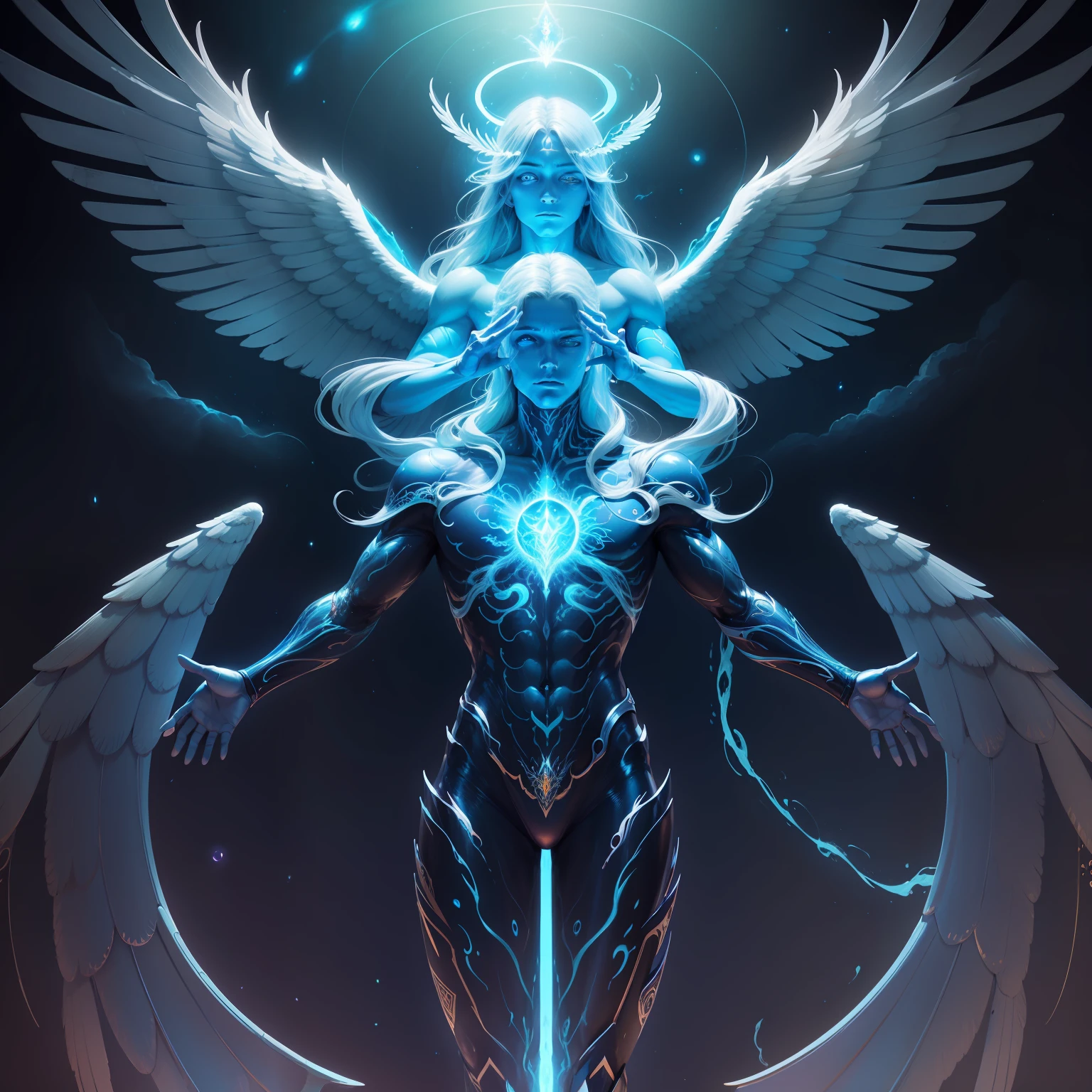 painting of a man with wings and a body on a body of water, elemental guardian of life, glowing angelic being, raziel irl, quality astral projection render, astral ethereal, cosmic horror entity with wings, emanating with blue aura, detailed cosmic angelic robot, dan mumford and alex grey style, dmt ego death, the angel of death with a halo