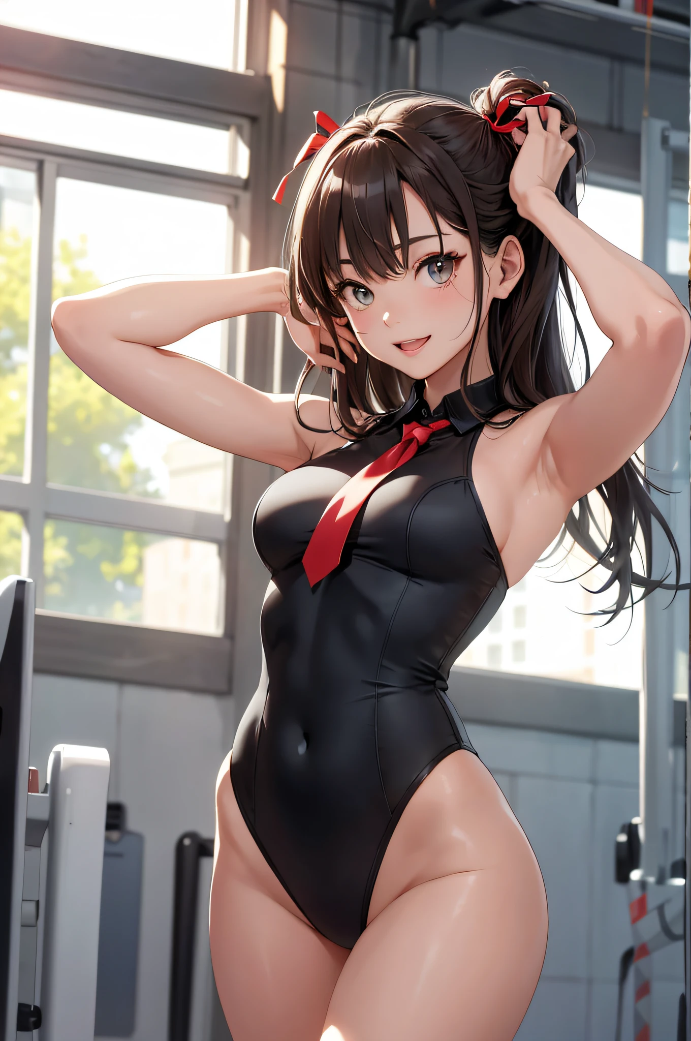 (top-quality、in 8K、32K、masterpiece、nffsw、超A high resolution、Impresionismo、Photorealsitic:1.2)、Looking back、Full body, Inside the gymnasium、beauitful face、blurry backround、18 year old beautiful girl、shinny skin、Twin-tailed、beautiful brown hair、Gray eyes、Tie your hair with a big red ribbon、Leotard、raise arms、Smile with open mouth、Curve、rhythmic gymnastics、