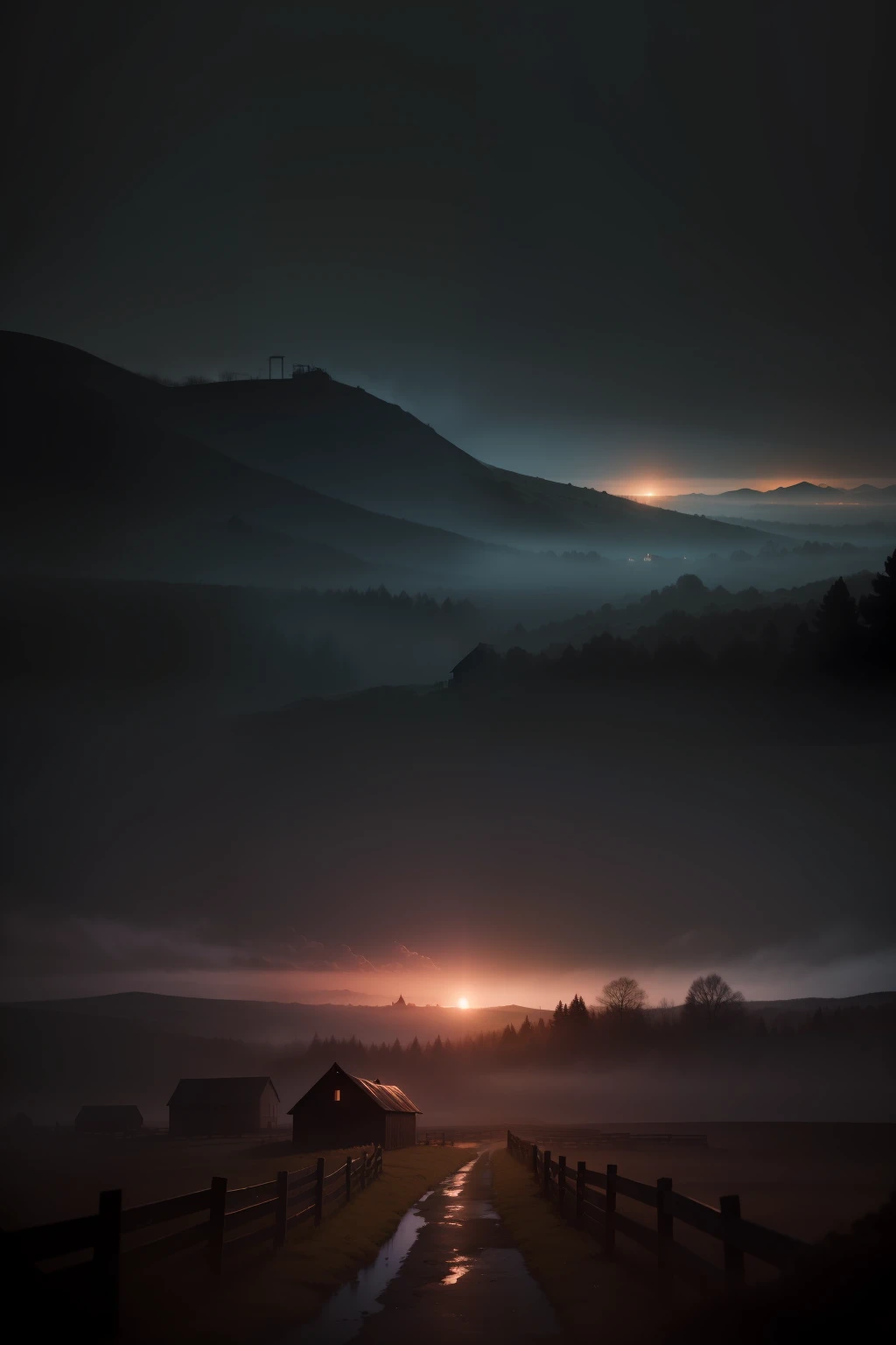 masterpiece, 4k, sharp focus high quality, deep and low view and imagine an abandoned farm situated in a dark and eerie landscape. The focal point of the image is an old, weathered wooden barn with a few horses nearby. The farm is engulfed in darkness and cold, and an atmosphere of fear pervades the surroundings. The scene should depict an almost dawn night, where the dim and soft light of dawn is starting to filter through the thick fog on the horizon.