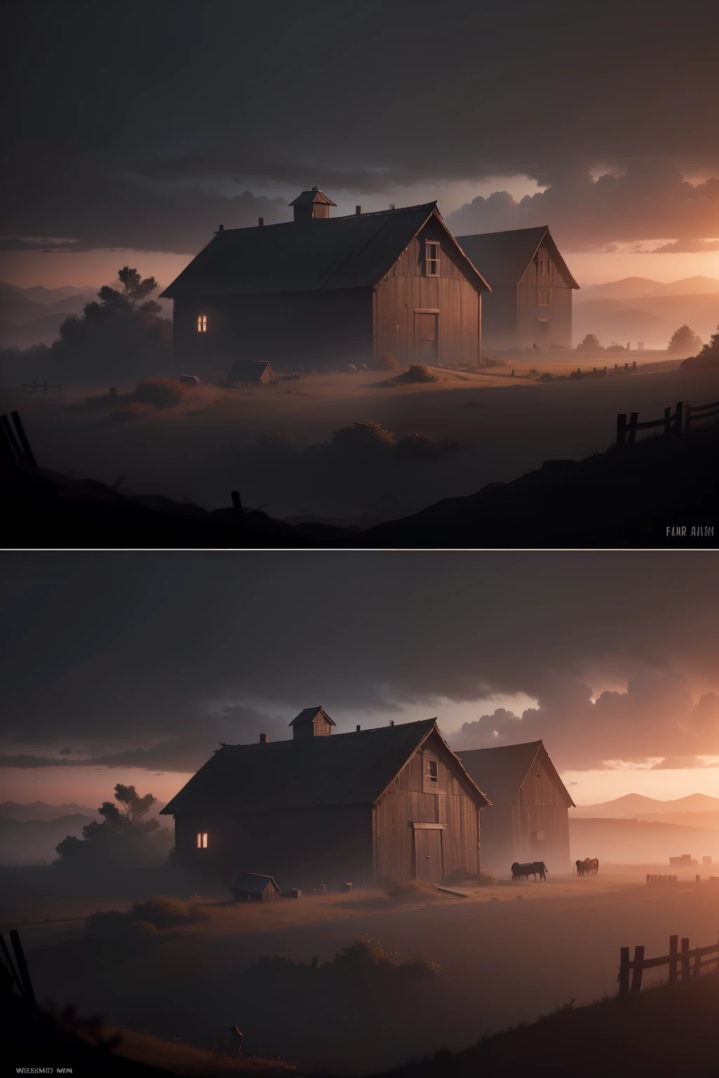masterpiece, 4k, sharp focus high quality, deep and low view and imagine an abandoned farm situated in a dark and eerie landscape. The focal point of the image is an old, weathered wooden barn with a few horses nearby. The farm is engulfed in darkness and cold, and an atmosphere of fear pervades the surroundings. The scene should depict an almost dawn night, where the dim and soft light of dawn is starting to filter through the thick fog on the horizon.