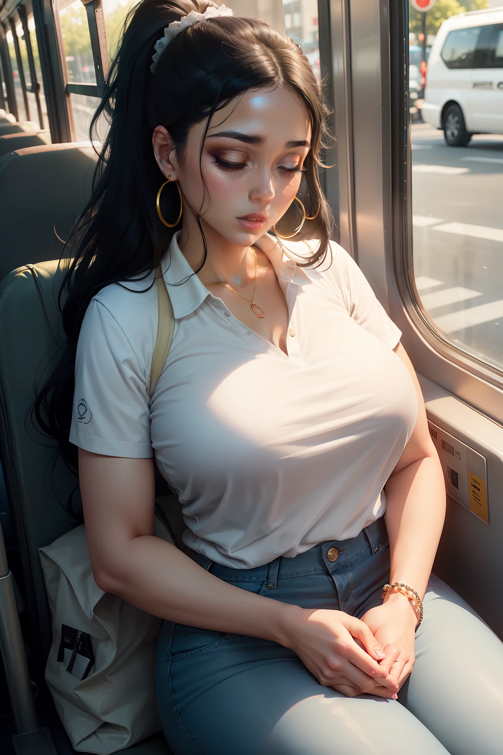 1 beautiful woman, large body, beautiful young woman, eyes closed, white polo shirt with neckline and gold embroidery, Latina woman, face made up, eyes closed, long eyelashes, black hair, hair tied up in a tail, short ponytail, made up eyelids, Long blue jeans, white sneaker, colored eye shadow, eyeliner, hoop earrings, eyelids outlined with makeup, open mouth, brown bag, asleep on the bus, hands resting on her thigh, pearl bracelet on her wrist, asleep with her mouth open, asleep leaning against the final seat of the bus, sitting on the side of the bus window, her mouth open, looking out the window, nodding.
