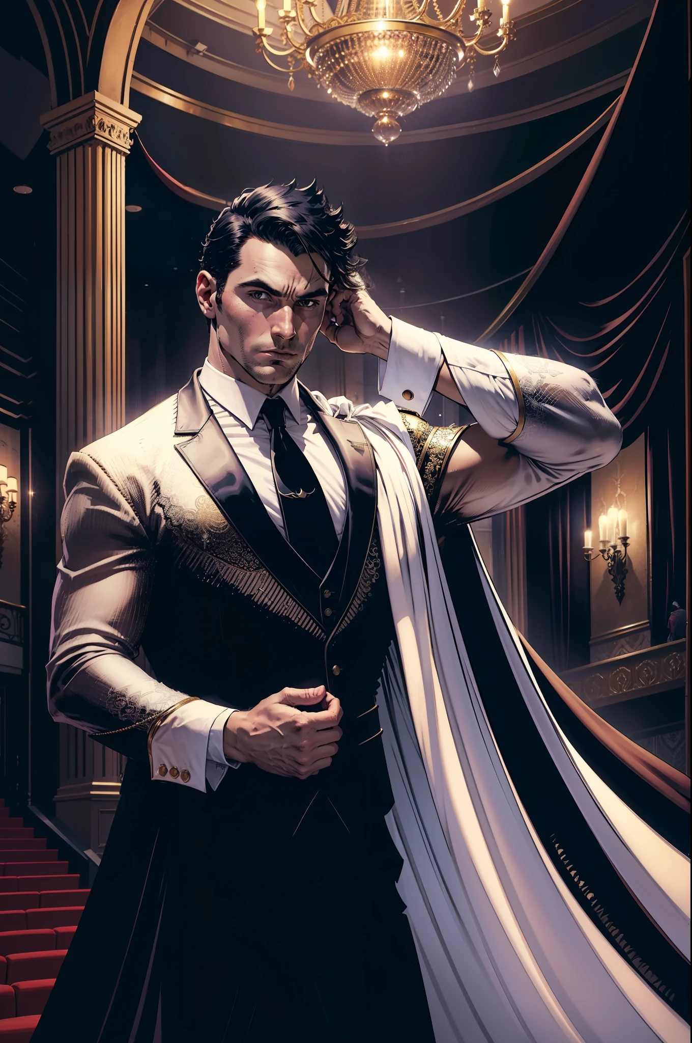 A large chandelier hanging from the ceiling of the Gotham City Theatre falls to the floor on top of a man, vestido com roupa de gala, is wearing a white mask covering half of his face.