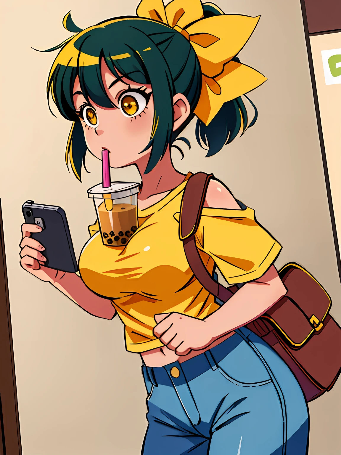 1girl, bag, black bag, breasts, bubble tea, bubble tea challenge, cellphone, yellow cropped t-shirt, cropped yellow shirt, drinking, drinking straw, orange eyes, green hair, ponytail, fluffy ponytail, yellow hair ribbon, yellow ribbon, bangs, bang covering one eye, holding, holding phone, holding strap, indoors, brown pants, old ragged pants, large breasts, looking at phone, object on breast, pants, phone, ribbon, shirt, shoulder bag, smartphone, solo, virtual youtuber,