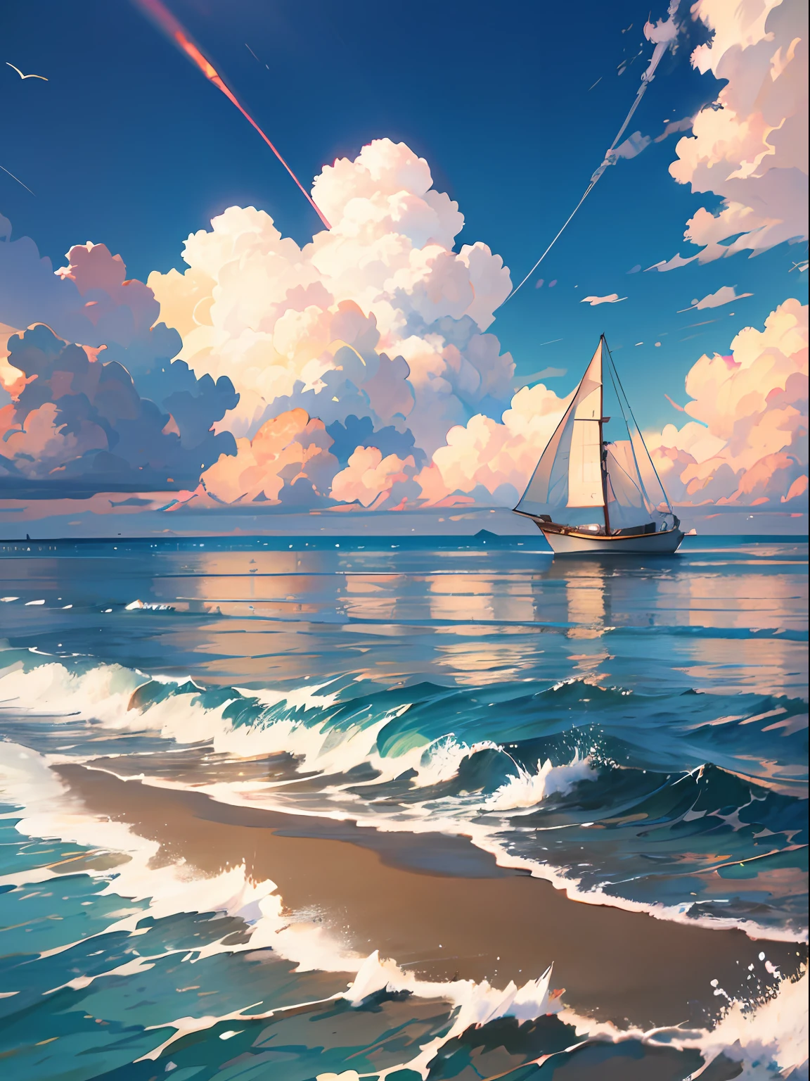 On the beach by the sea,The golden sun shines on the delicate and white sand,The waves gently lapping against the rocks,Bring out a cool sea breeze。Seagulls soar in the air,There is a small boat moored quietly on the sea。Clouds in the sky come in different shapes,Dense and soft like wool。The whole picture creates a peaceful and laid-back atmosphere,It's heart-wrenching