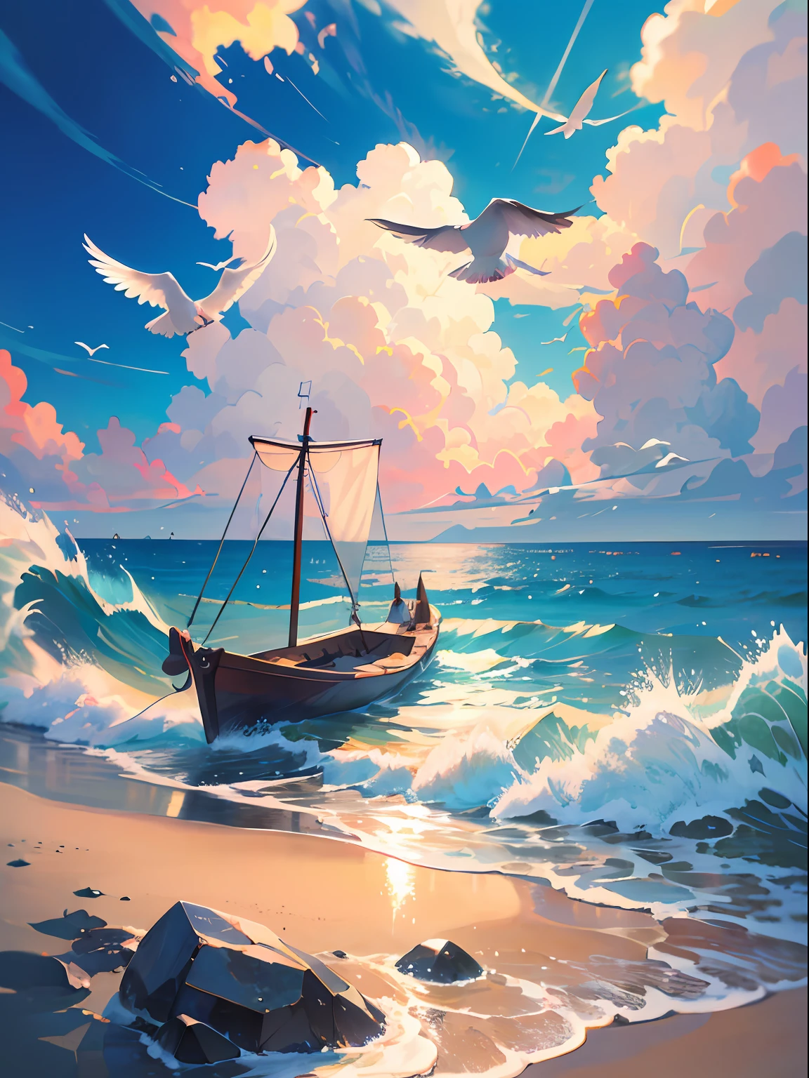 On the beach by the sea，The golden sun shines on the delicate and white sand，The waves gently lapping against the rocks，Bring out a cool sea breeze。Seagulls soar in the air，There is a small boat moored quietly on the sea。Clouds in the sky come in different shapes，Dense and soft like wool。The whole picture creates a peaceful and laid-back atmosphere，It's heart-wrenching