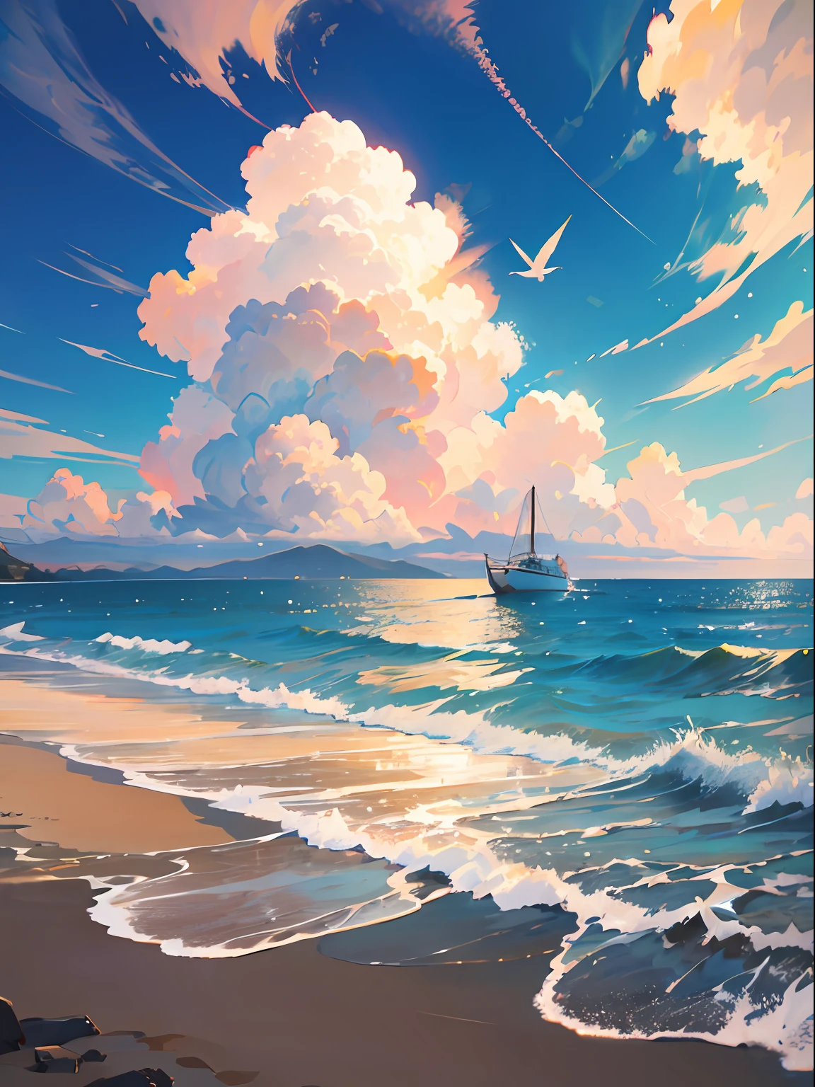 On the beach by the sea，The golden sun shines on the delicate and white sand，The waves gently lapping against the rocks，Bring out a cool sea breeze。Seagulls soar in the air，There is a small boat moored quietly on the sea。Clouds in the sky come in different shapes，Dense and soft like wool。The whole picture creates a peaceful and laid-back atmosphere，It's heart-wrenching