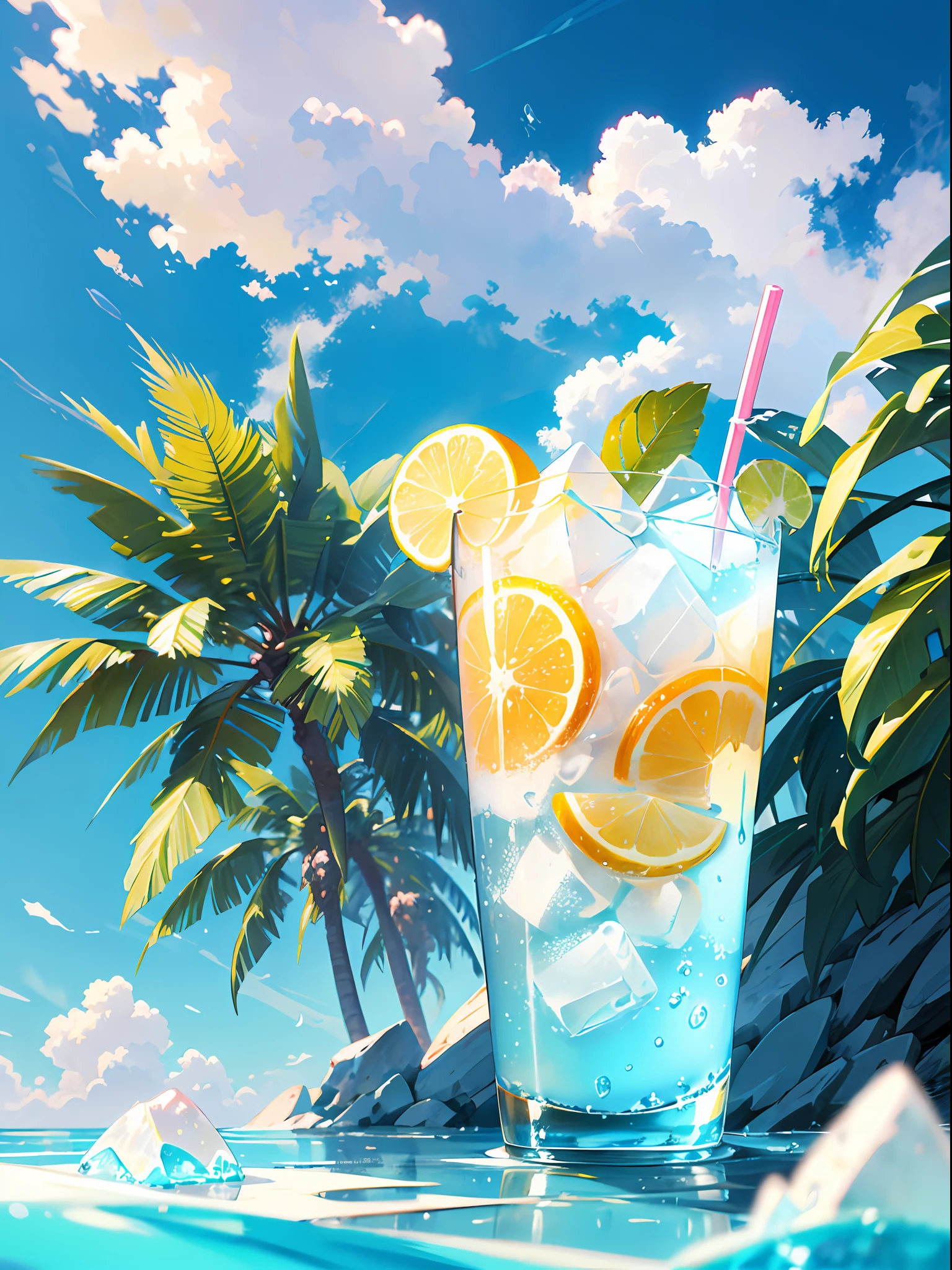 (Chinese beauty) A soft drink made of coconut juice, ice cubes, and coconut juice. Milky white turns white. Very cool. There are colored straws and ice cubes, placed on green leaves, outdoors, a clear blue sky, beautiful clouds