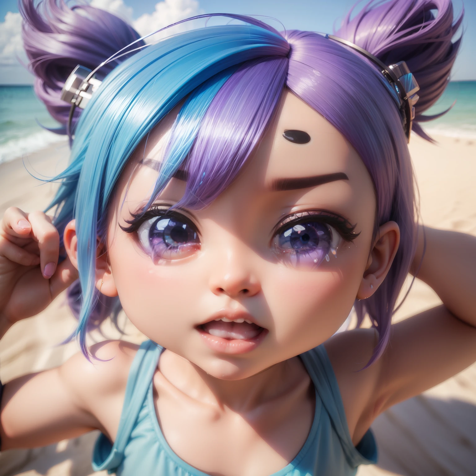 (((Chibi 3D)))Cute and beautiful chibi anime/Bob style hair mixed with light blue and blue、Wearing purple colorful t-shirt,dynamic shot,is crying,Tears,Screaming,「Reach out and bring it to the side of your face、「Hello」Let's call out loud」 Summer Beach,