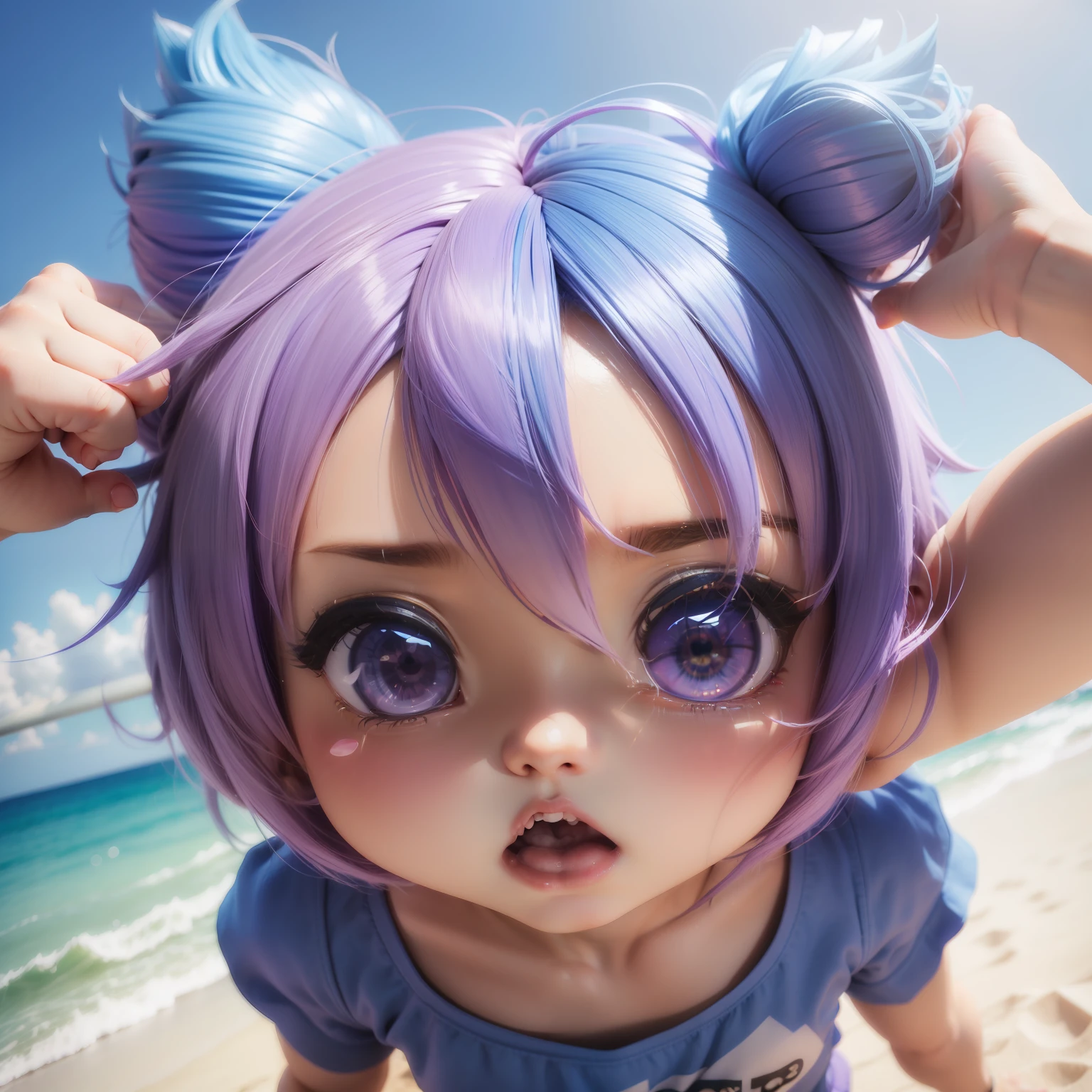 (((Chibi 3D)))Cute and beautiful chibi anime/Bob style hair mixed with light blue and blue、Wearing purple colorful t-shirt,dynamic shot,is crying,Tears,Screaming,「Reach out and bring it to the side of your face、「Hello」Let's call out loud」 Summer Beach,