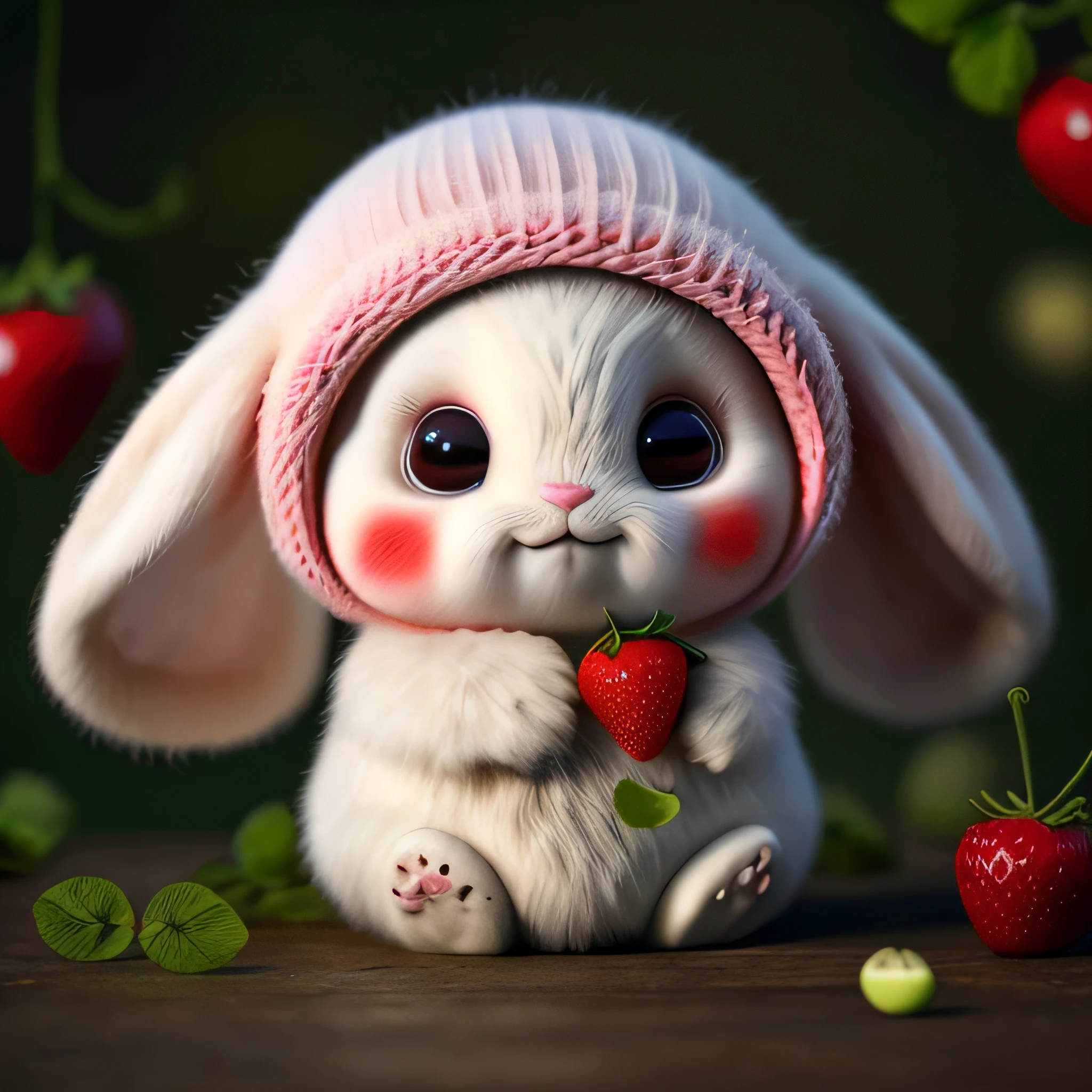 : 3. Rabbit, realistic, hairy, clothed animal, apple, dark circles, blush, cherry, food, fruit, full body, hat, non-human, strawberry, tomato, watermelon