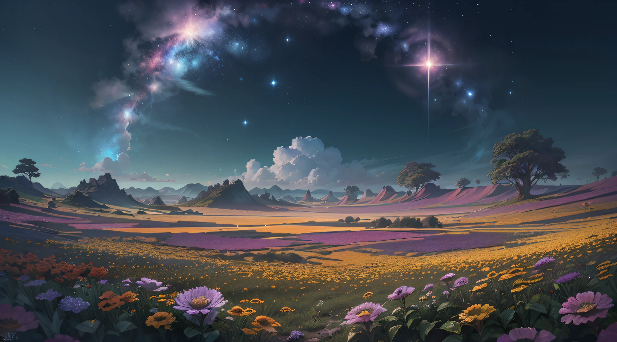 fotografia de paisagem expansiva, (Veja abaixo.), Above is the sky, Below is an open field), A sexy muscular girl standing in a field of flowers looking up, (pegue a chave: 1.2), (meteoro: 0.9), (nebulosa: 1.3), montanha distante, tree BREAK making art, (fonte de luz quente: 1.2), (vagalume: 1.2), luzes, muito roxo e laranja, detalhe complicado, Volume Lighting, realismo BREAK (obra-prima: 1.2),  (melhor qualidade), ultra-detalhado, (dynamic compositing: 1.4), RAWExtremely detalhado, detalhes coloridos, (rainbow colors: 1.2), (bright illumination, Atmospheric Illumination), Sonho, magica, (sozinho: 1.2), 4k