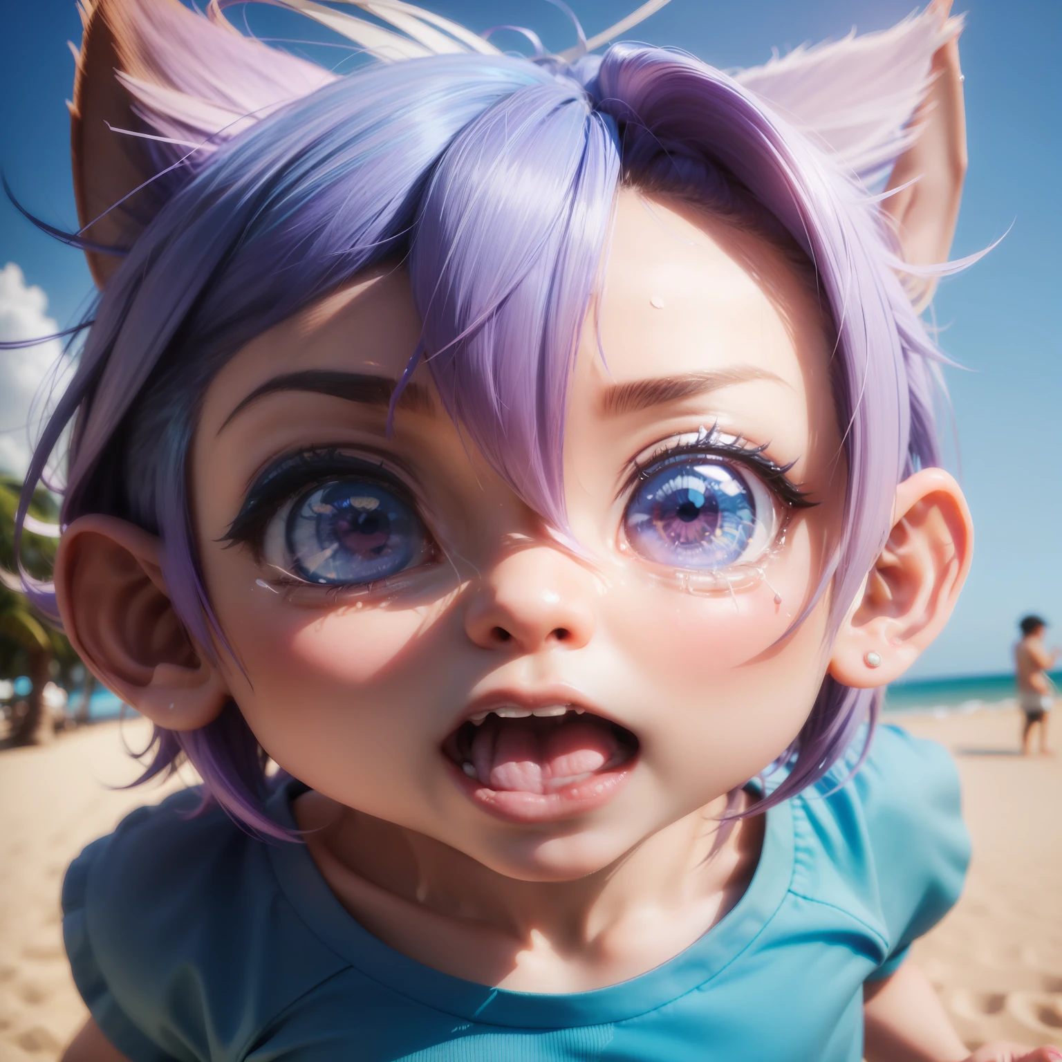 (((Chibi 3D)))Cute and beautiful chibi anime/Bob style hair mixed with light blue and blue、Wearing purple colorful t-shirt,dynamic shot,is crying,Tears,Screaming,「Reach out and bring it to the side of your face、「Hello」Let's call out loud」 Summer Beach,