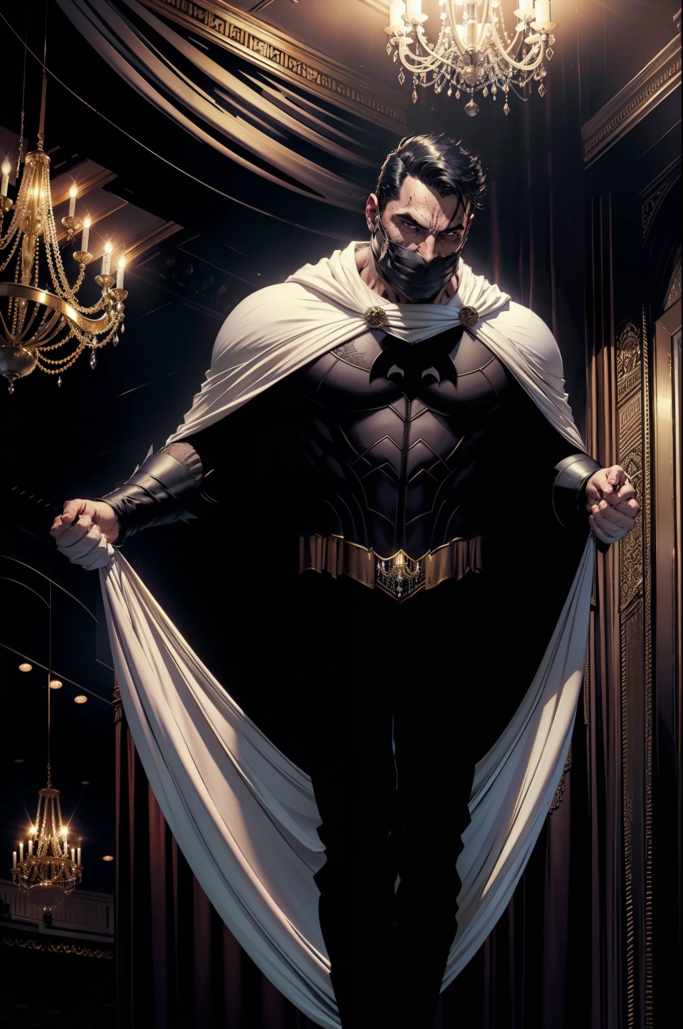 A large chandelier hanging from the ceiling of the Gotham City Theatre falls to the floor on top of a man, vestido com roupa de gala e capa preta, is wearing a white mask covering only half of his face.
