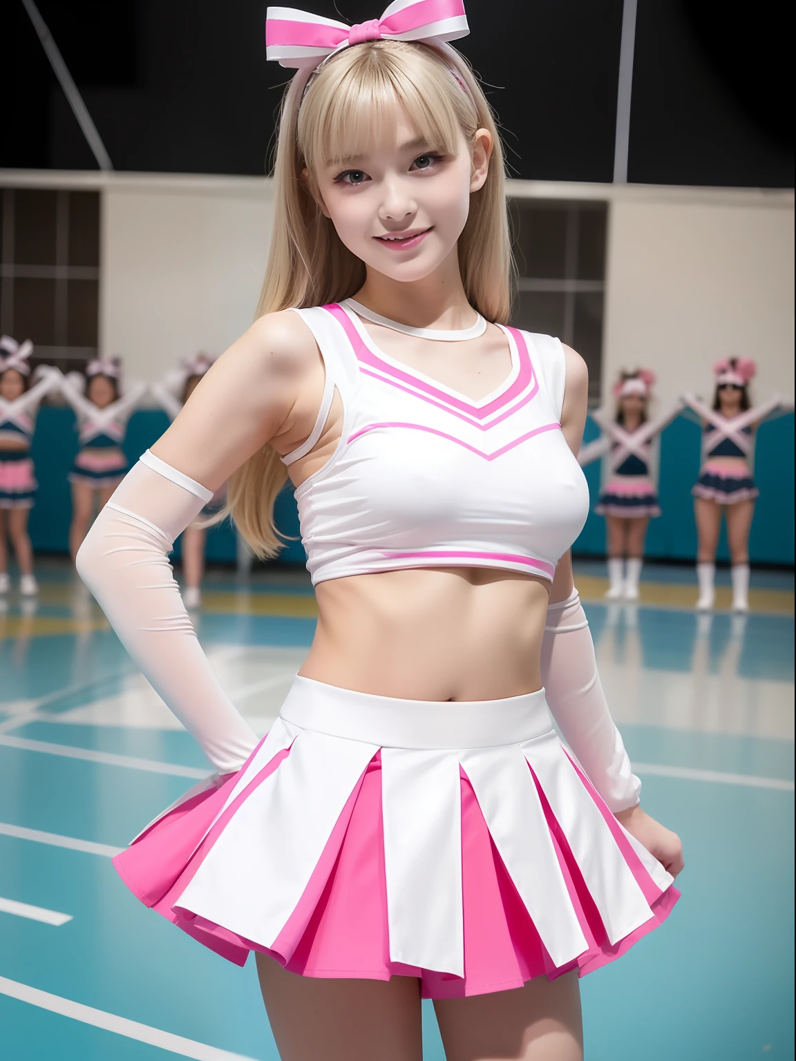 masuter piece, best qualtiy, ((realisitic)), ((1 person)), 8K picture quality, extremely delicate and beautiful, magnifica, Official art with attention to detail, Ridiculous, unbelievable Ridiculous, huge filesize, ultra-detailliert, ighly detailed, (Beautiful ite girl), (detailed girl), (Korean beauty), Blonde hair, ((Perfect female figure)), large full breasts, Slim waist, big butts, (((Pink and white cheerleading costume, Mini flared skirt))), High exposure, With bangs, Feminine look, (ssmile), (Gymnasium)