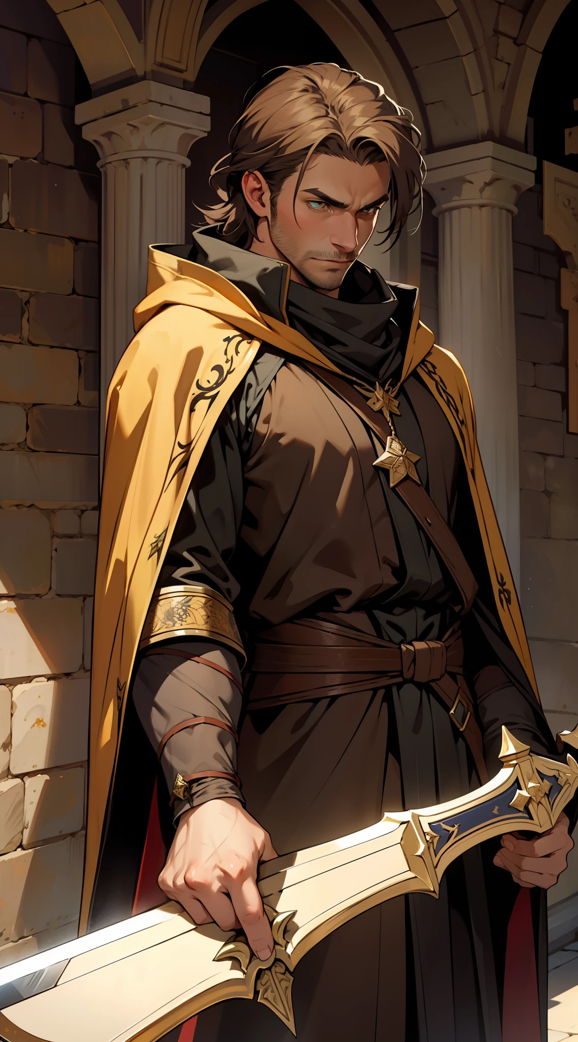 mediaeval castle ,Man 30 years old strong, brown,hunter face ,wizard's robe black and yellow, holdinng master sword , masterpiece