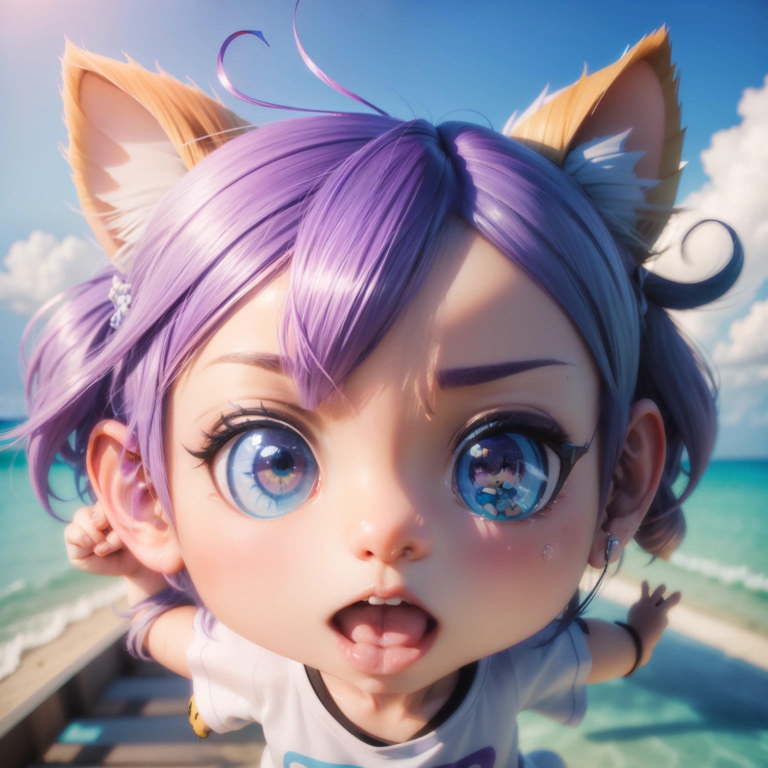 (((Chibi 3D)))Cute and beautiful chibi anime/Bob style hair mixed with light blue and blue、Wearing purple colorful t-shirt,dynamic shot,is crying,Tears,Screaming,「Reach out and bring it to the side of your face、「Hello」Let's call out loud」 Summer Beach,