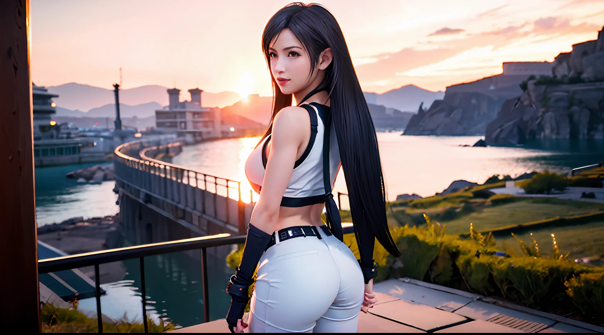 1 girl, masterpiece, tifa, from behind, rear shot closeup, full body. sexy, looking back to camera, panties, big butt, stunning view