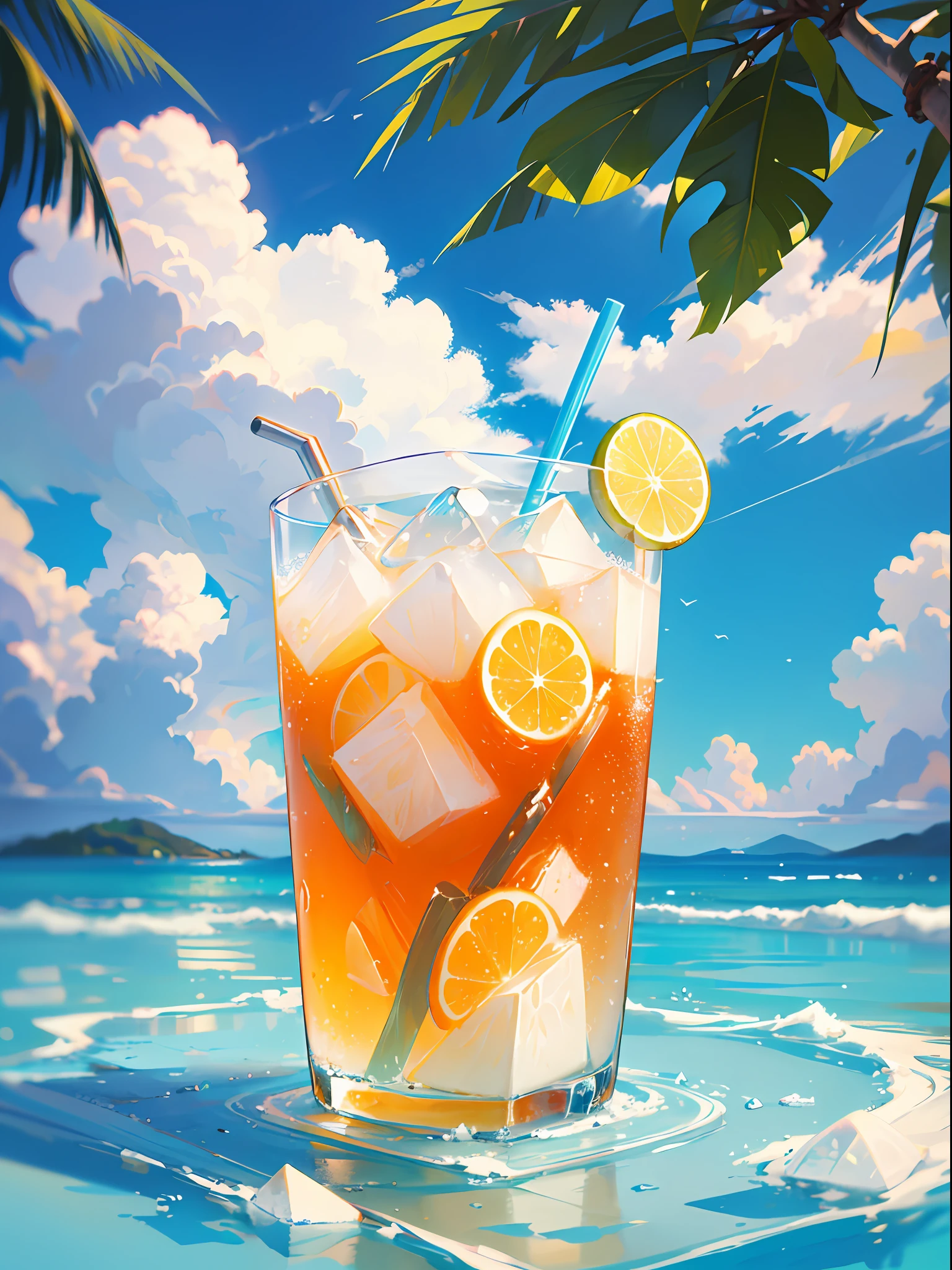 (Chinese beauty) A soft drink made of coconut juice, ice cubes, and coconut juice. Milky white turns white. Very cool. There are colored straws and ice cubes, placed on green leaves, outdoors, a clear blue sky, beautiful clouds