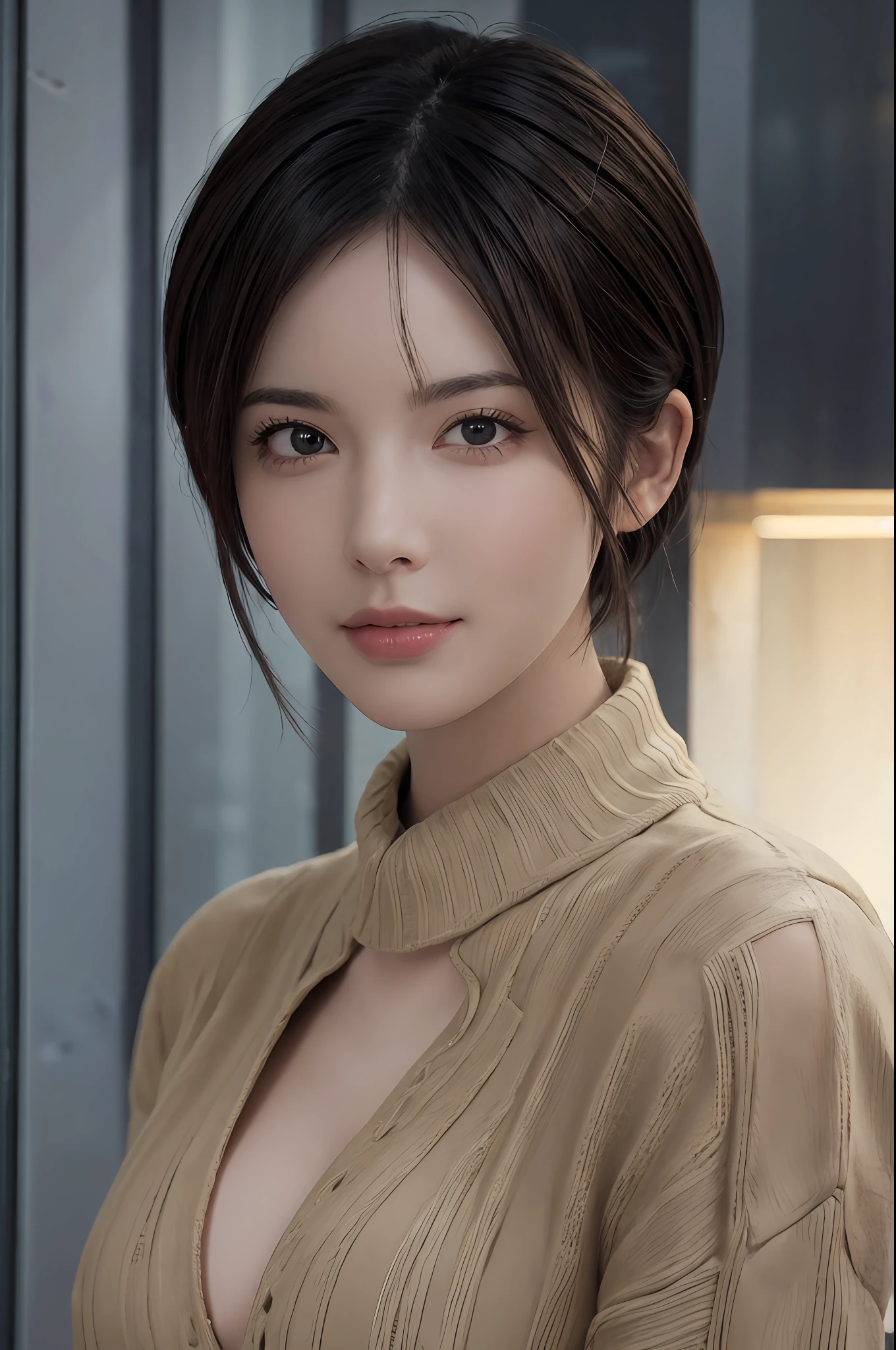 (Masterpiece: 1.3), (8k, Photorealistic, RAW Photo, Best Quality: 1.4), (1girl), Beautiful Face, (Realistic Face), (Black Hair, Short Hair: 1.3), Beautiful Hairstyle, Realistic Eyes, Beautiful Detail Eyes, Realistic Skin, Beautiful Skin, Sweater, Absurd, Attractive, Ultra High Resolution, Ultra Realistic, High Definition, Golden Ratio, Cleavage