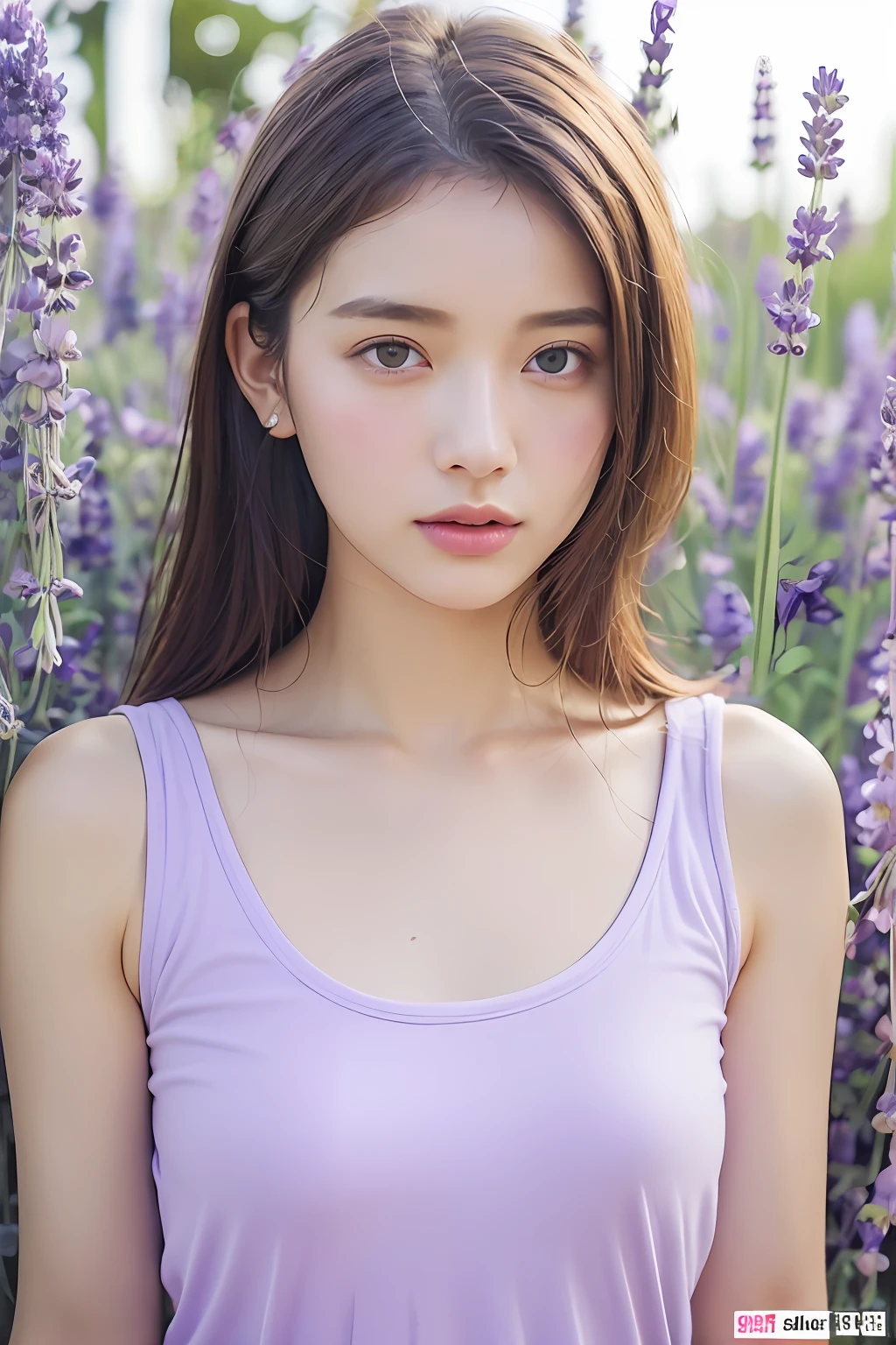 (extra detailed body、extra detailed face、best qualtiy:1.2)、femele、looking at the viewers、(White tank top、17 age)、(Lavender on background:1.4)