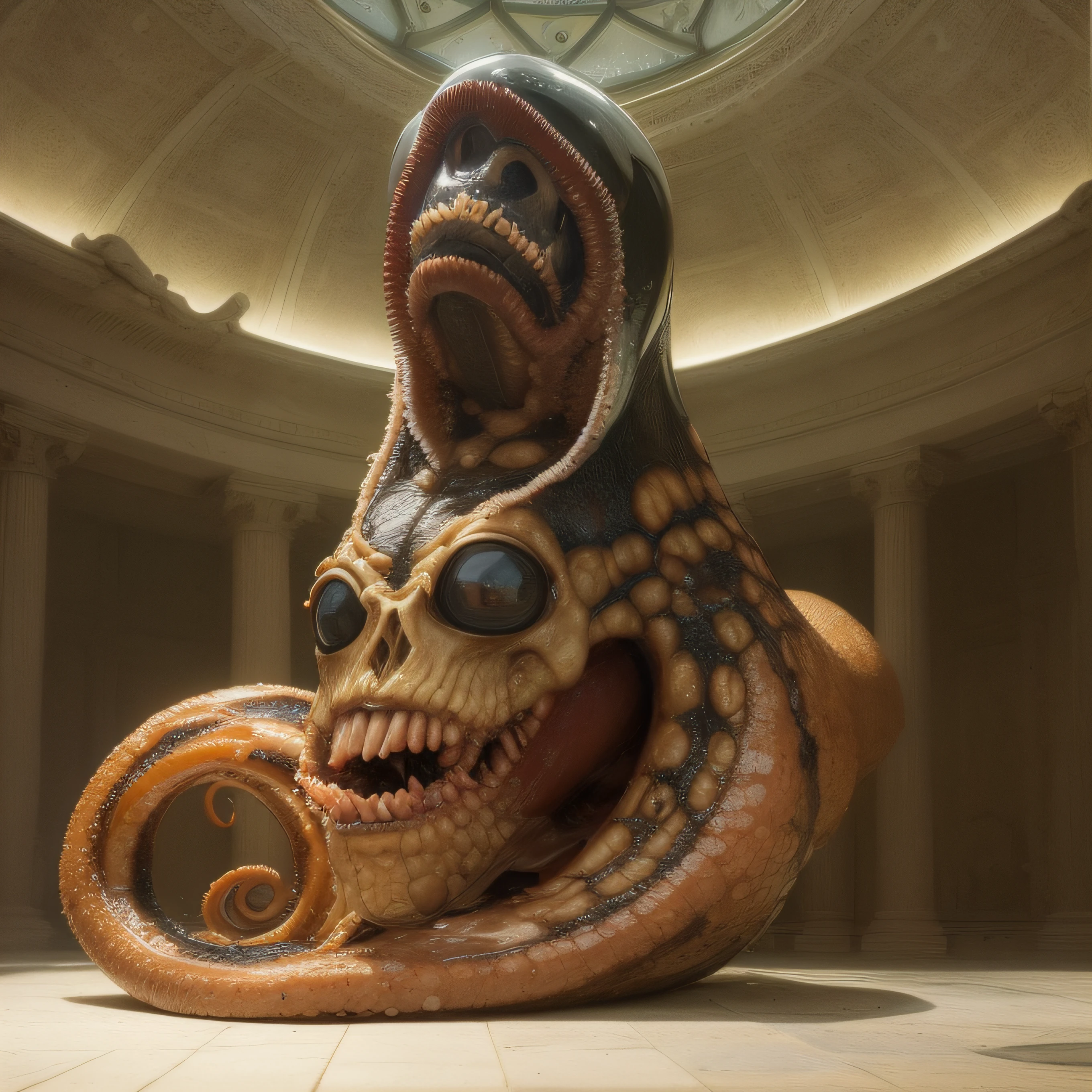 (extremadamente detallado, obra maestra, La mejor calidad), Estilo oscuro, intense illumination, rostro con arrugas, lengua larga, tentacle, deforme, monstruoso, interior de una piscina de agua verdosa, imagen submarina, alien con Colmillos finos, pico de pulpo amenazante. manchas de tinta. Rococo composition. Luz de caravaggio