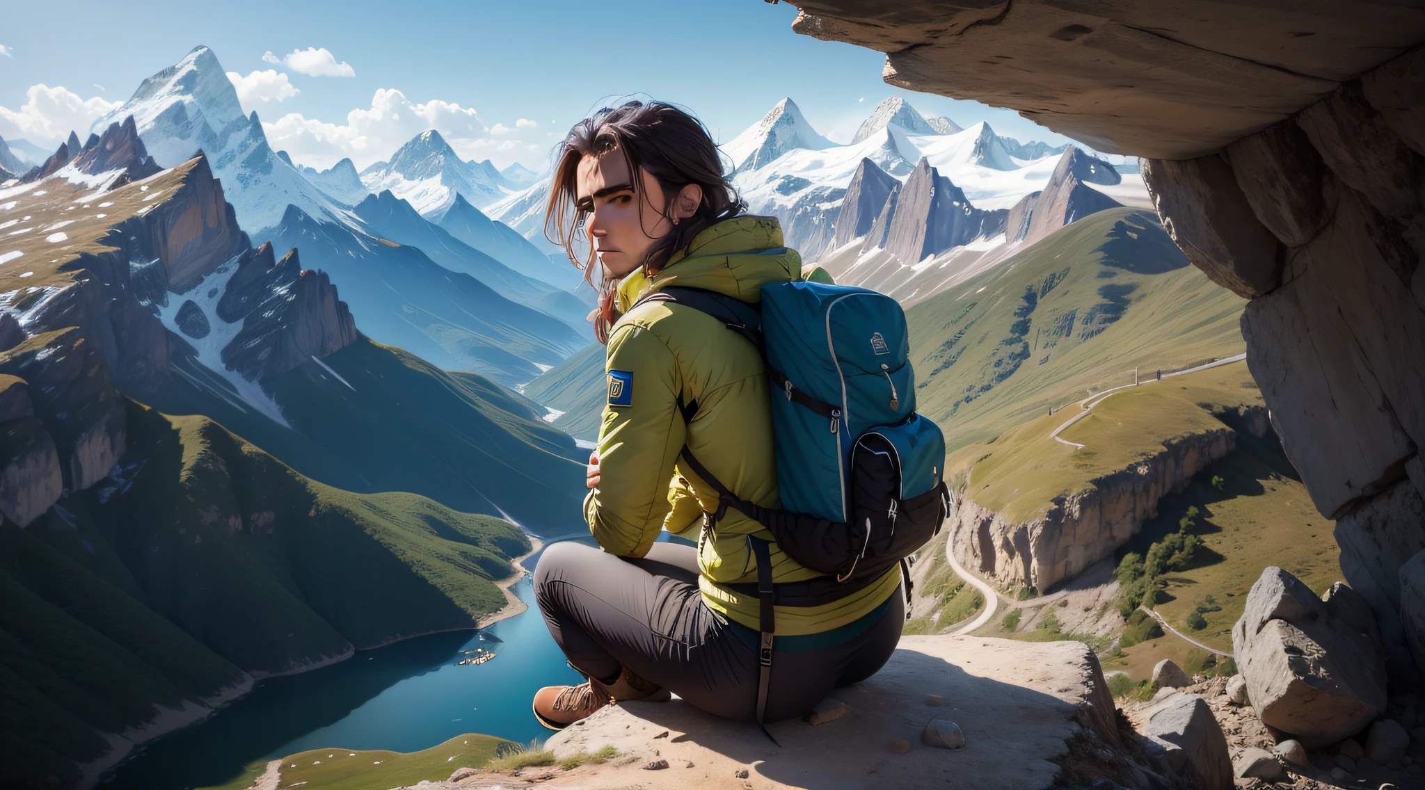 (master part, qualidade superior, papel de parede 8k, high resolution, ultra-realistic scenery), 1 garoto, sozinho, Rosto realista, slightly distant angle, testa, figura esbelta: 1.1, usando olhos verdes, Patagonian wear, Trekking pants, carregando mochila branca: 1.2, Estilo de garoto da montanha, mochileiro, Alpinista, Beautiful morning sun in the background during climbing, Barraca na montanha, Sapatos de trekking, rosto detalhado, olhos detalhados, nariz detalhado, boca detalhada, montanha