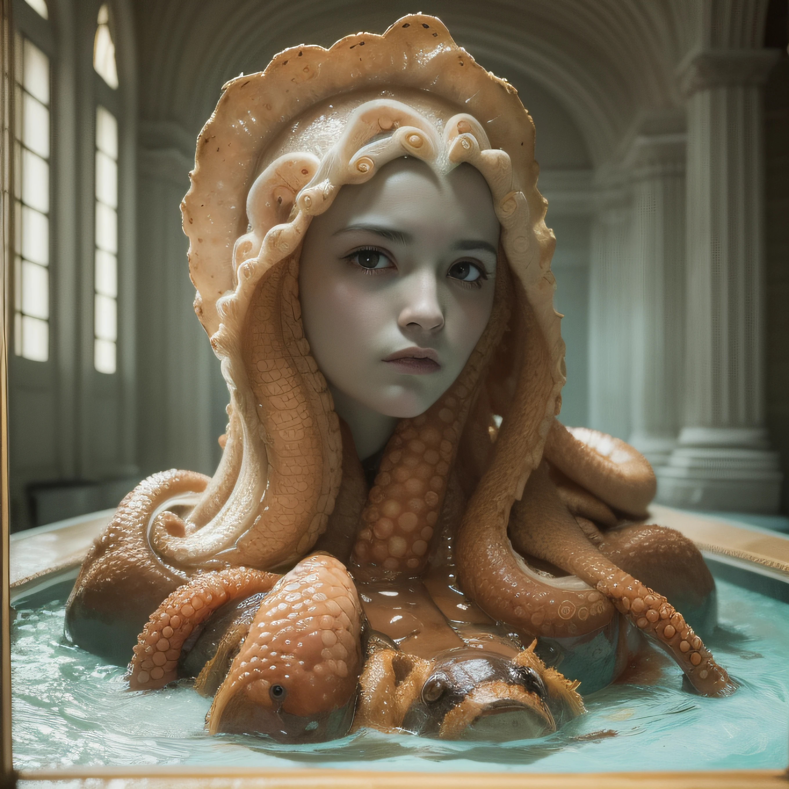 (extremadamente detallado, obra maestra, La mejor calidad), Estilo oscuro, intense illumination, rostro con arrugas, lengua larga, tentacle, deforme, monstruoso, interior de una piscina de agua verdosa, imagen submarina, alien con Colmillos finos, pico de pulpo amenazante. manchas de tinta. Rococo composition. Luz de caravaggio