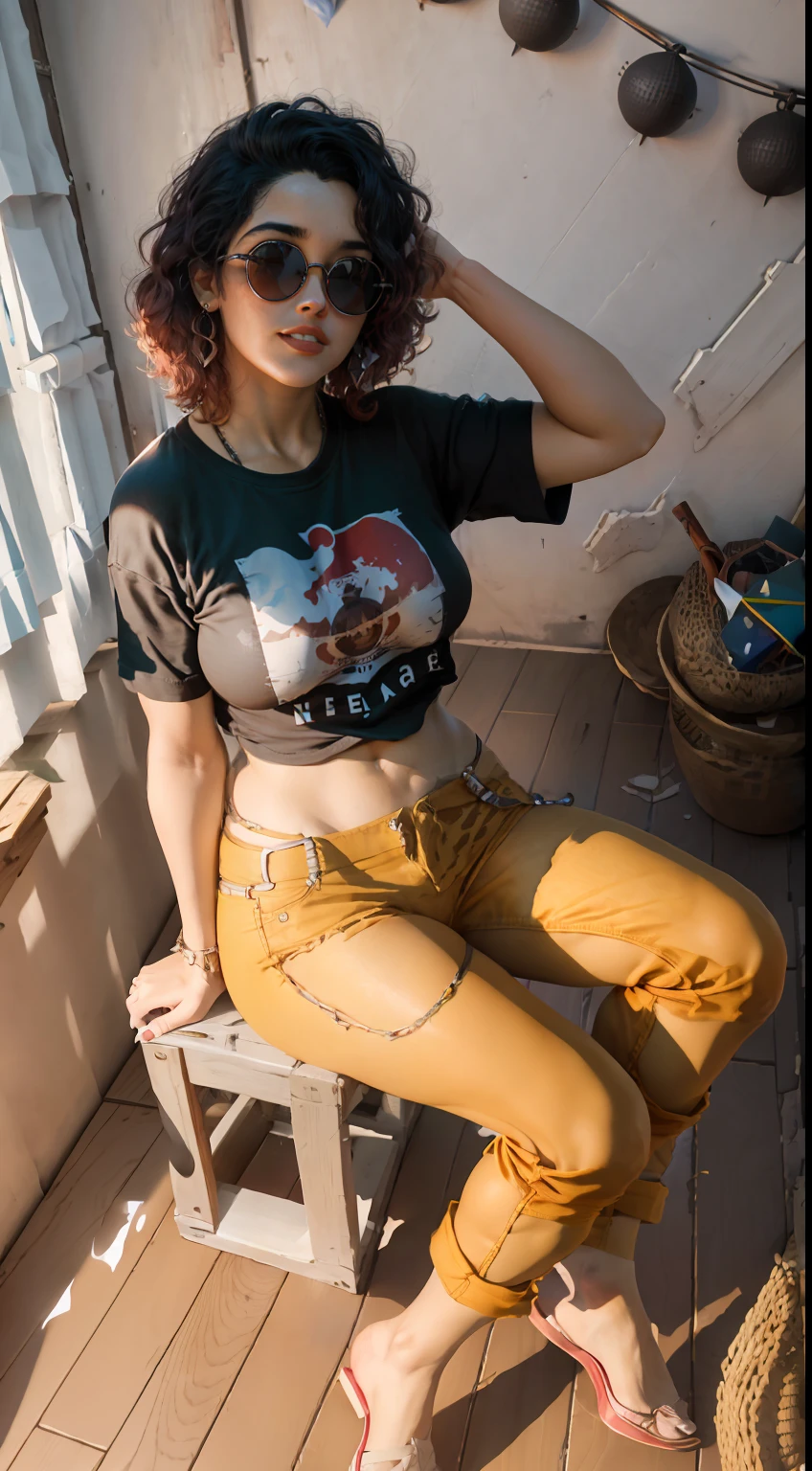 (1girl, 1pessoa), (InsAnoamente detalhado e intrincado, hiper-realista,  Retrato da parte superior do corpo), Ano (MarcAnote europeu (Mulher na casa dos quarenta anos com um corpo IMC 19, barriguinha fofa linda):1.3), (penteado alto rabo de cavalo), (olhos coloridos naturais:1.15), (usAnodo camiseta decote V e capris:1.4), (Sunny yoga studio with hardwood floors:1.225), (pele imperfeita, (Pele extremamente detalhada,marcas de beleza:1.25)), florescer,Bokeh, cinemactic, filmic grain, ray tracing reflections, chromatic aberration, hipermaximalista, elegAnote, hyper realistic, super detalhado,