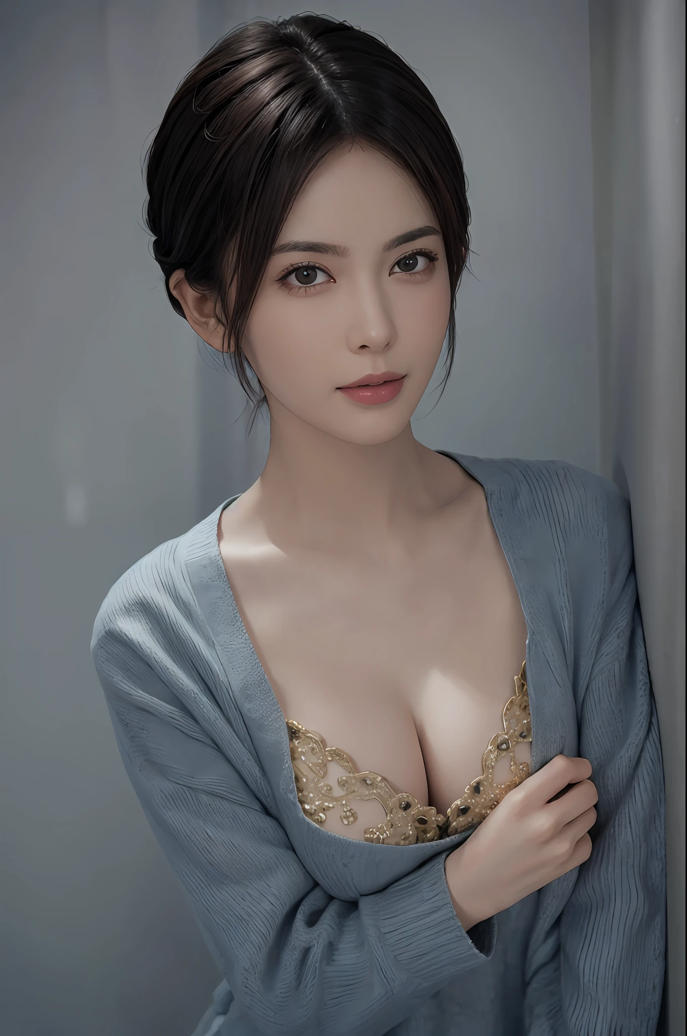 (Masterpiece: 1.3), (8k, Photorealistic, RAW Photo, Best Quality: 1.4), (1girl), Beautiful Face, (Realistic Face), (Black Hair, Short Hair: 1.3), Beautiful Hairstyle, Realistic Eyes, Beautiful Detail Eyes, Realistic Skin, Beautiful Skin, Sweater, Absurd, Attractive, Ultra High Resolution, Ultra Realistic, High Definition, Golden Ratio, Cleavage