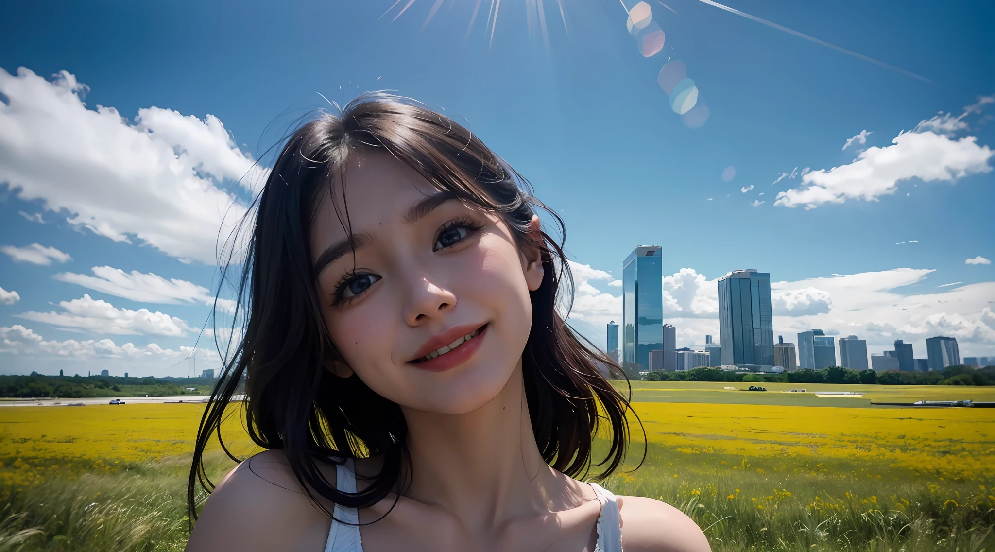 Vast sky、Beautiful skyline、A smile、Large grasslands、extremely tense and dramatic pictures、the moving visual effects、high hanging Polaris、Colorful natural glare。naked girl