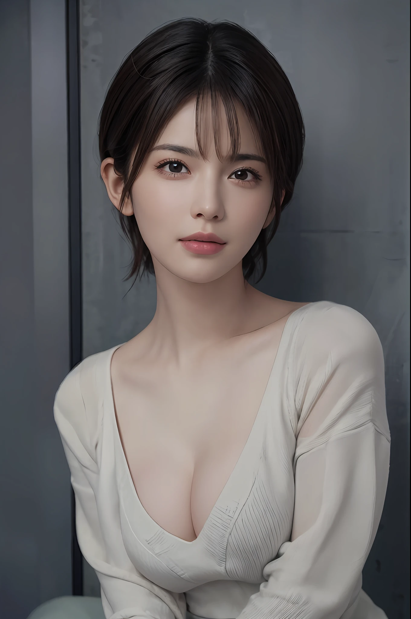 (Masterpiece: 1.3), (8k, Photorealistic, RAW Photo, Best Quality: 1.4), (1girl), Beautiful Face, (Realistic Face), (Black Hair, Short Hair: 1.3), Beautiful Hairstyle, Realistic Eyes, Beautiful Detail Eyes, Realistic Skin, Beautiful Skin, Sweater, Absurd, Attractive, Ultra High Resolution, Ultra Realistic, High Definition, Golden Ratio, Cleavage