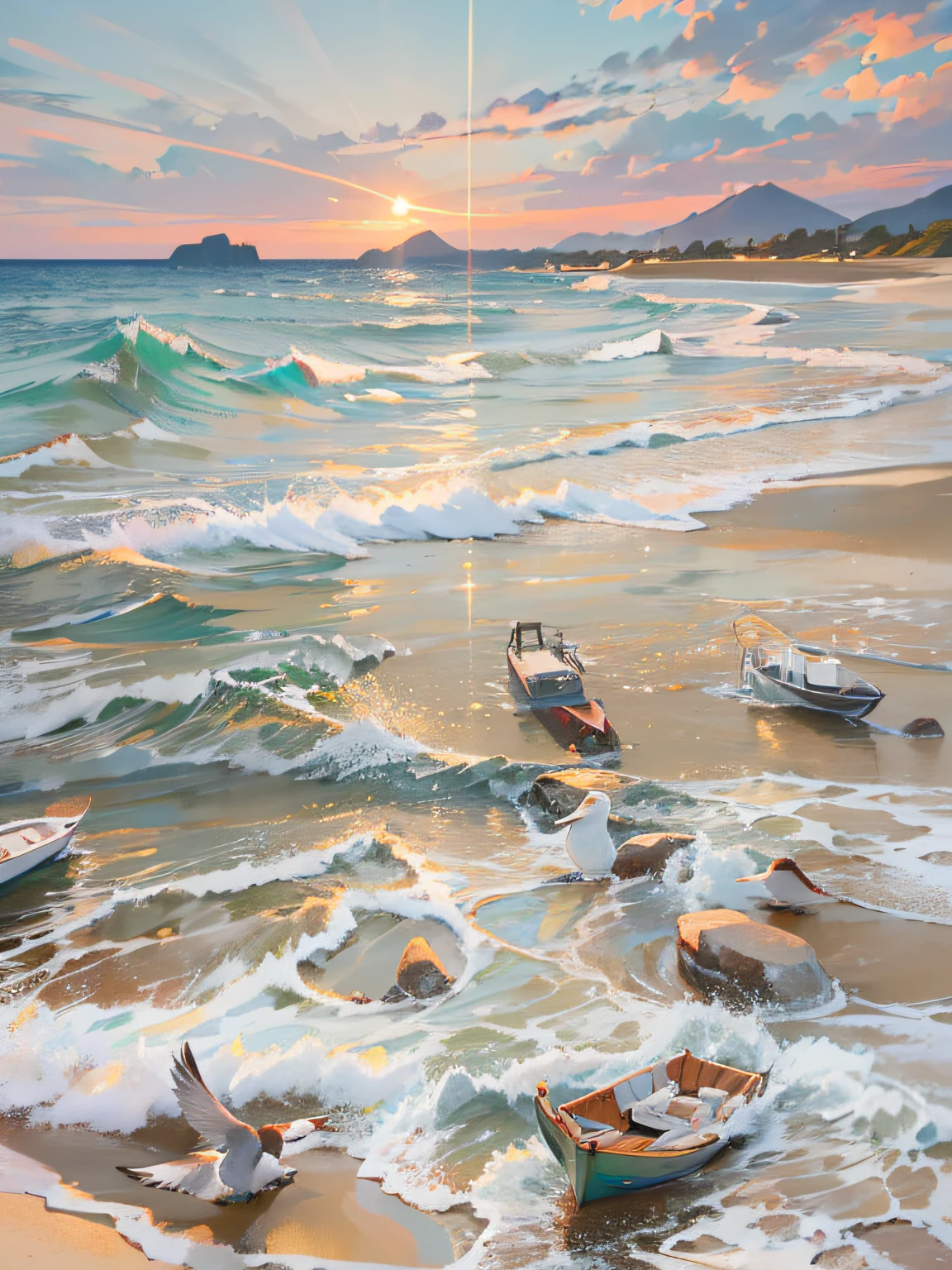 On the beach by the sea,The golden sun shines on the delicate and white sand,The waves gently lapping against the rocks,Bring out a cool sea breeze。Seagulls soar in the air,There is a small boat moored quietly on the sea。Clouds in the sky come in different shapes,Dense and soft like wool。The whole picture creates a peaceful and laid-back atmosphere,It's heart-wrenching
