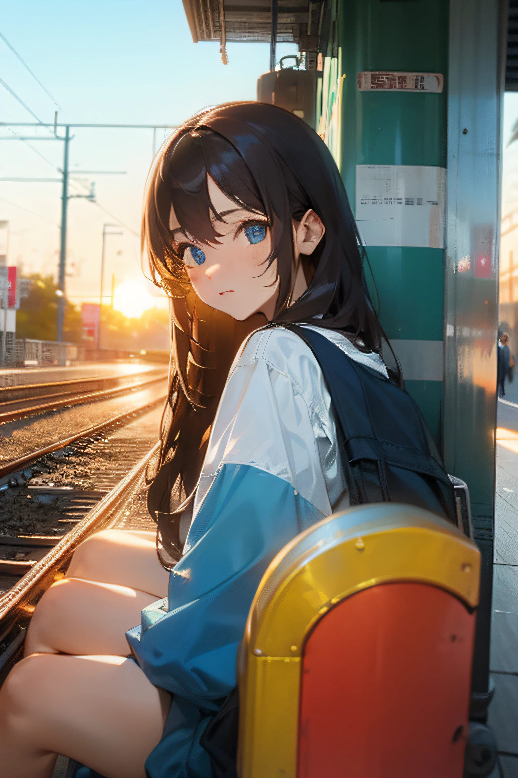In the setting sun，Delicate facial features of long-haired girl waiting for train at train station，blue colored eyes