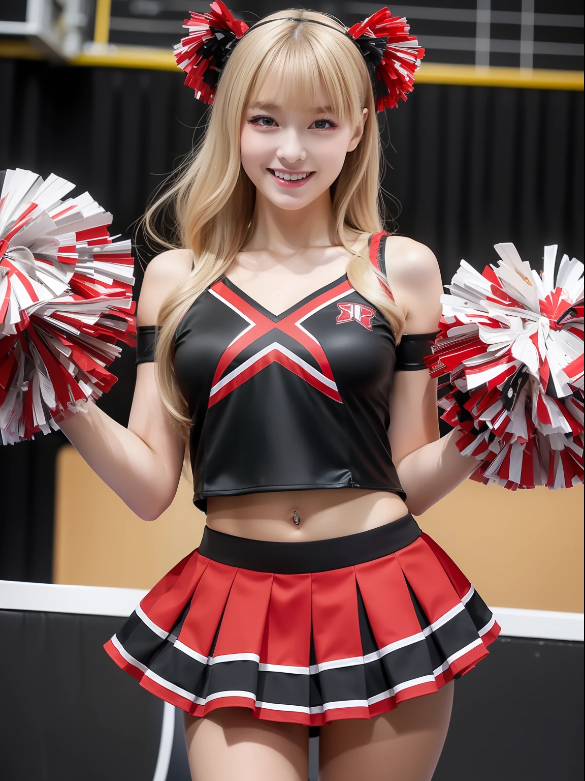 masuter piece, best qualtiy, ((realisitic)), ((1 person)), 8K picture quality, extremely delicate and beautiful, magnifica, Official art with attention to detail, Ridiculous, unbelievable Ridiculous, huge filesize, ultra-detailliert, ighly detailed, (Beautiful petite girl), (detailed girl), (Korean beauty), Blonde hair, ((Perfect female figure)), large full breasts, Slim waist, big butts, (((Red and black cheerleading costume, Mini flared skirt))), High exposure, With bangs, Feminine look, (ssmile), (Gymnasium)