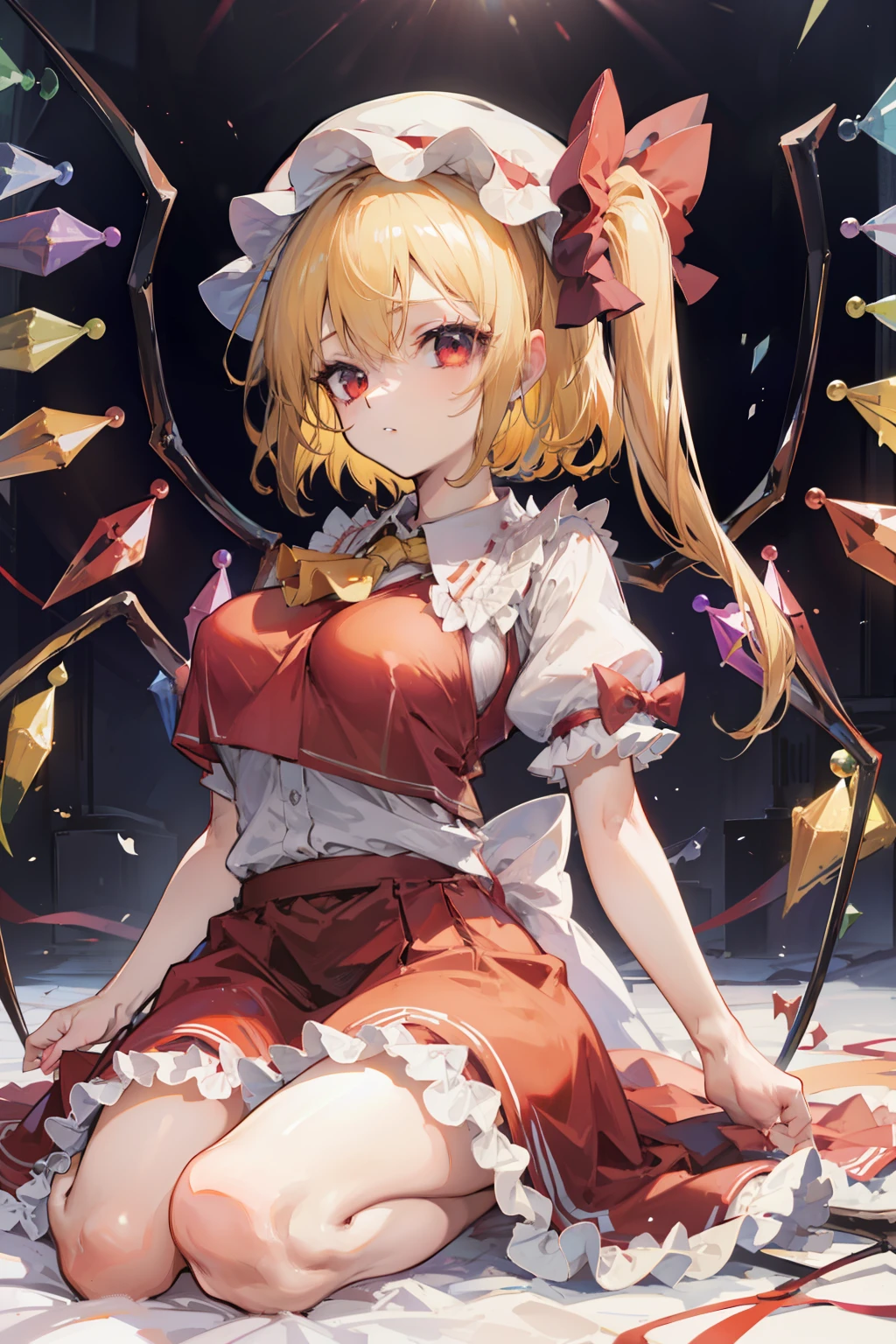 (masterpiece),best quality, expressive eyes, perfect face, 1girl,
big breast, H-cup, good breast, beautiful, gorgeous,anime,girl,lora, floating clothes, tent chest ,
nipple visible though clothes,flandre scarlet,
1girl,blonde hair,mob cap,hair bow,bowtie,side ponytail,wings,short sleeves,vest,ascot,1wings,1 pair of wings,crossing arms, cross arms, arms below chest