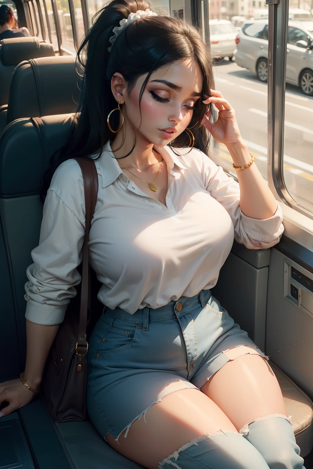 1 beautiful woman, large body, beautiful young woman, eyes closed, white polo shirt with neckline and gold embroidery, Latina woman, face made up, eyes closed, long eyelashes, black hair, hair tied up in a tail, short ponytail, made up eyelids, Long blue jeans, white sneaker, colored eye shadow, eyeliner, hoop earrings, eyelids outlined with makeup, open mouth, brown bag, asleep on the bus, hands resting on her thigh, pearl bracelet on her wrist, asleep with her mouth open, asleep leaning against the final seat of the bus, sitting on the side of the bus window, her mouth open, looking out the window, nodding.