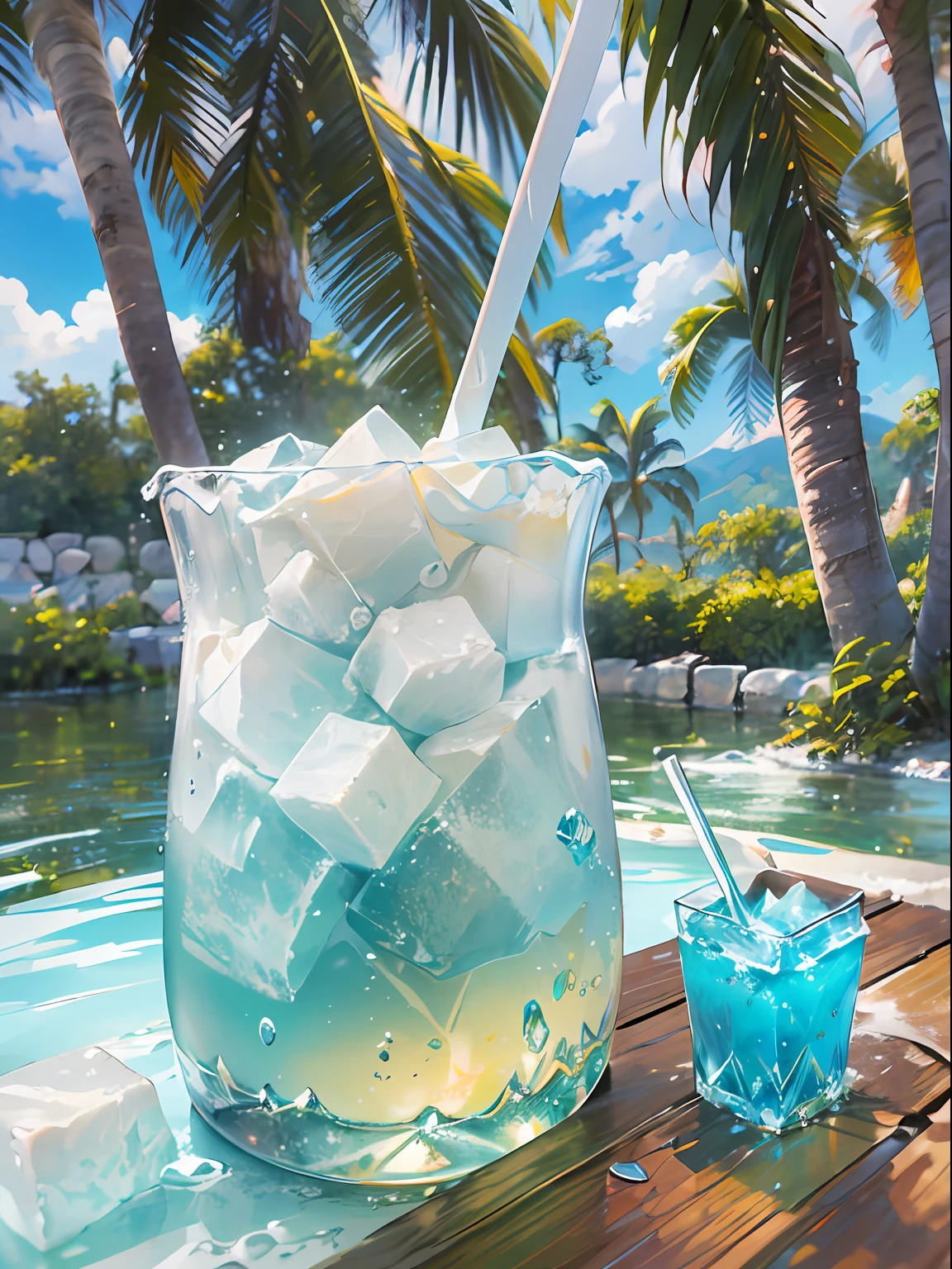 (Chinese beauty) A soft drink made of coconut juice, ice cubes, and coconut juice. Milky white turns white. Very cool. There are colored straws and ice cubes, placed on green leaves, outdoors, a clear blue sky, beautiful clouds