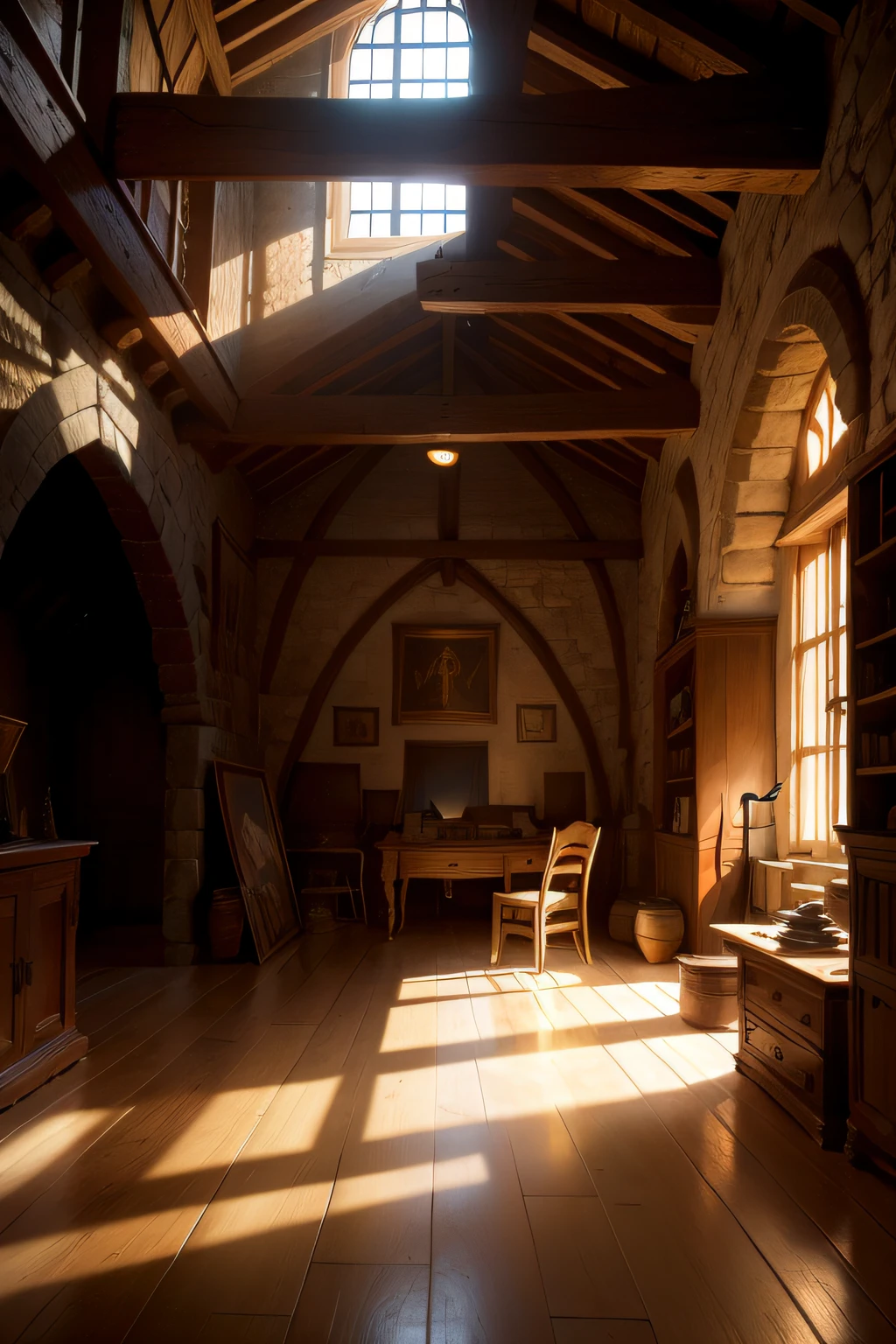 medieval artists studio interior dramatic lighting