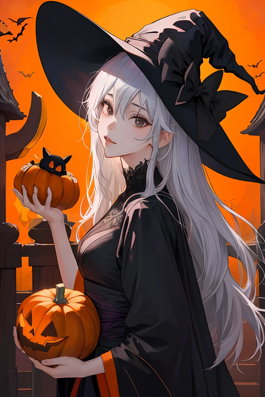 There's a woman in a witch costume holding two pumpkins, Em um estilo de Halloween, estilo de arte de halloween, magia de elenco de bruxa de anime de paquera, menina bruxa, classical witch, Guweiz em Pixiv ArtStation, Arte no estilo de Guweiz, Loli, Guweiz em ArtStation Pixiv, Retrato de uma jovem bruxa, bruxa escura da moda