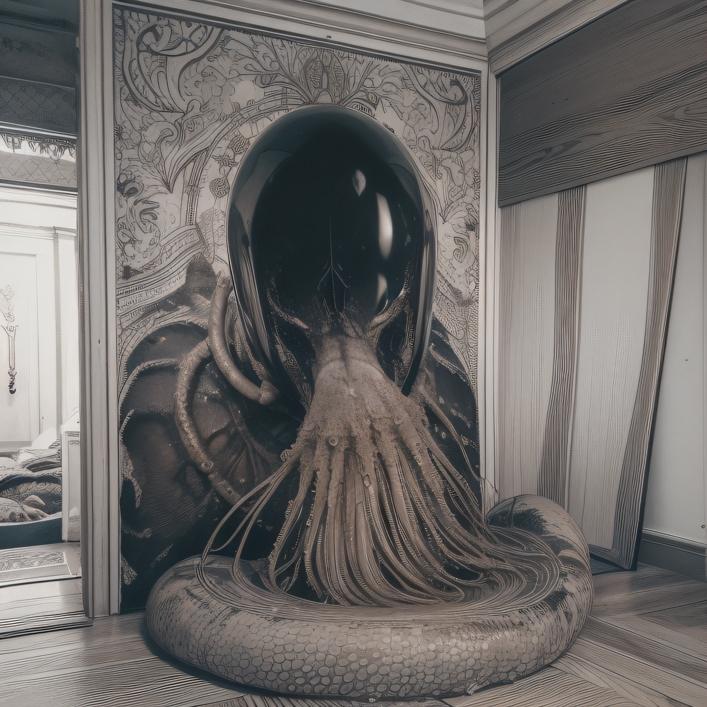 (extremadamente detallado, obra maestra, La mejor calidad), Estilo oscuro, intense illumination, rostro con arrugas, lengua larga, tentacle, deforme, monstruoso, interior de una piscina de agua verdosa, imagen submarina, alien con Colmillos finos, pico de pulpo amenazante. manchas de tinta. Rococo composition. Luz de caravaggio