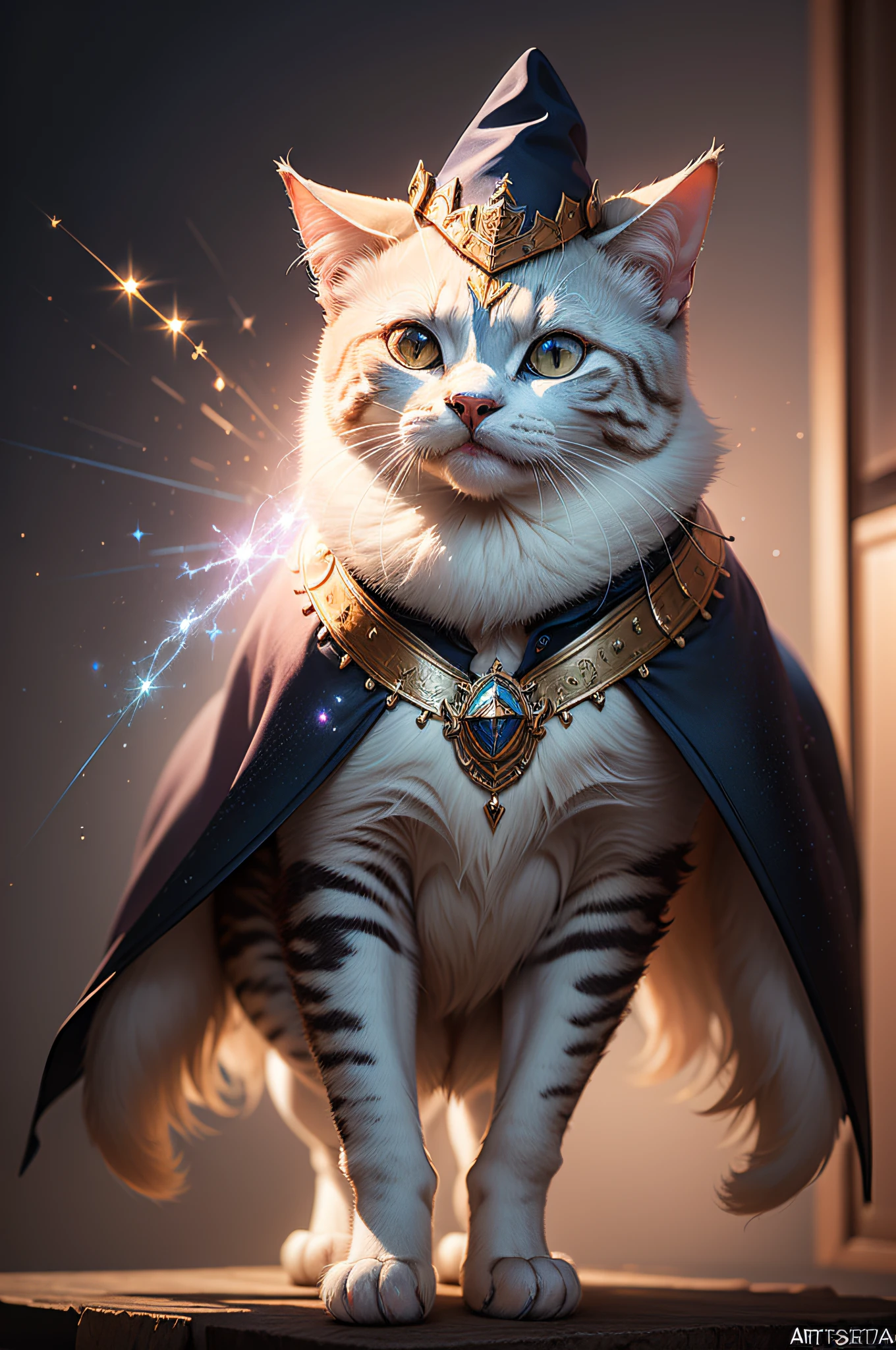 ((melhor qualidade)), ((realista)) (detalhado: 1.4) Create a high-definition artwork depicting a magical cat wearing highly detailed and ornate clothing, with a wizard's hat festooned with stars and a long cape with mystical patterns, conveying its aura of mystery and power, 3D-rendering , Beeple e Tim Hildebrandt, Artgem e Beeple Masterpiece, Realismo | Bipe, Estilo Beeple, em estilo de bipe