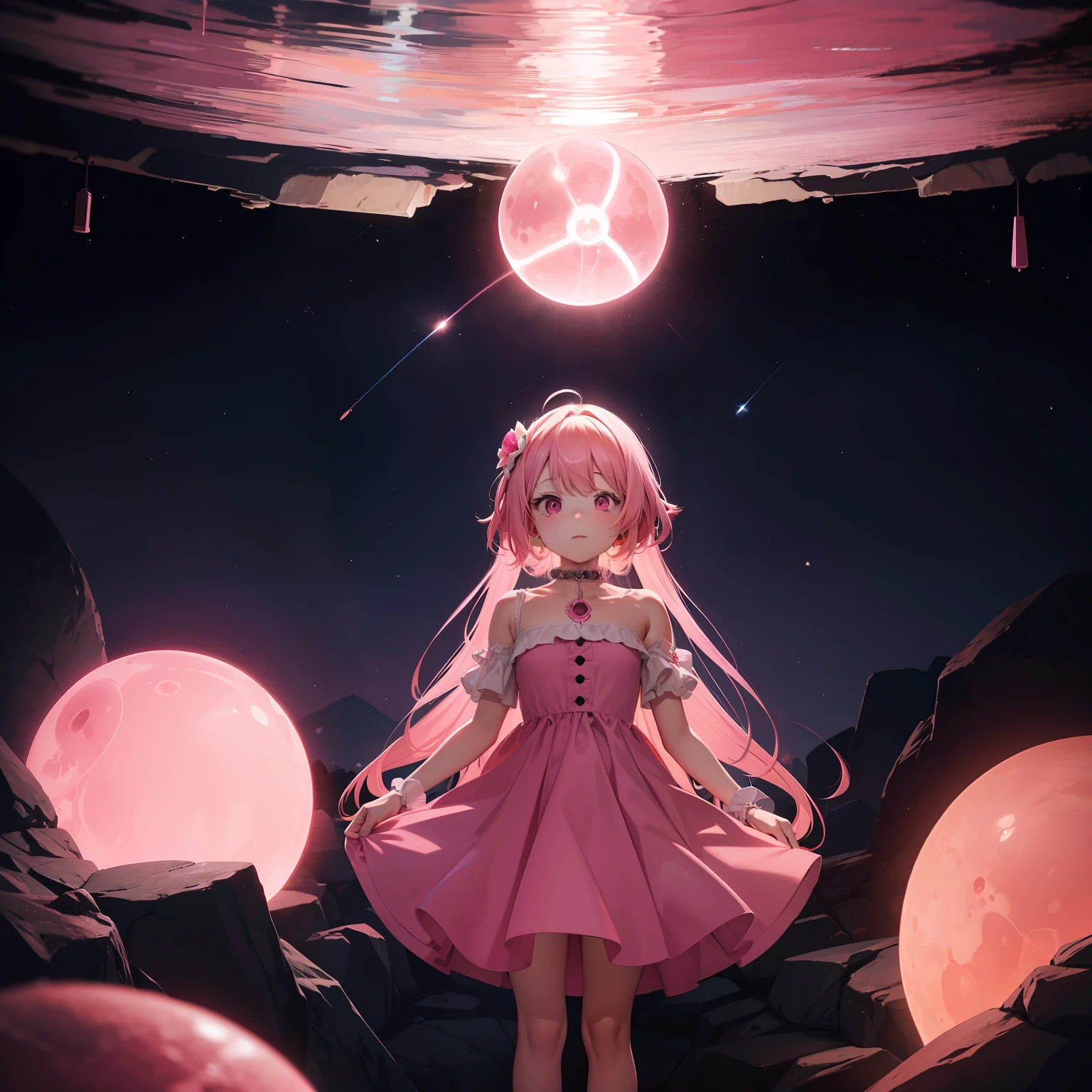 Color from space. a girl in a pink dress. Girl Coming Out Of The Well. Eyes shining in seven colors. Pink mucus from the dress. Skull rolling around a well. A pink glowing sphere floats in the air.