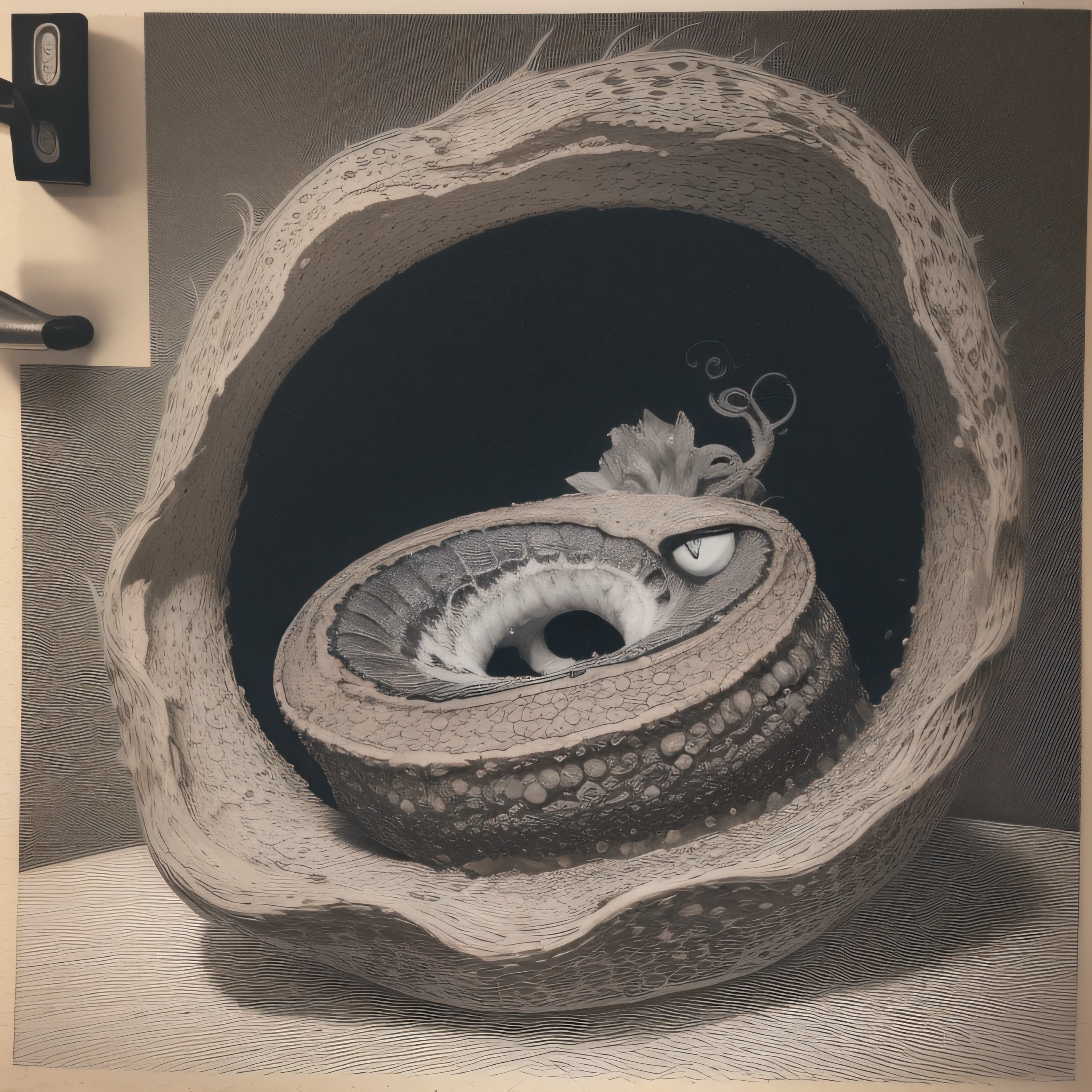 (extremadamente detallado, obra maestra, La mejor calidad), Estilo oscuro, intense illumination, rostro con arrugas, lengua larga, tentacle, deforme, monstruoso, interior de una piscina de agua verdosa, imagen submarina, alien con Colmillos finos, pico de pulpo amenazante. manchas de tinta. Rococo composition. Luz de caravaggio