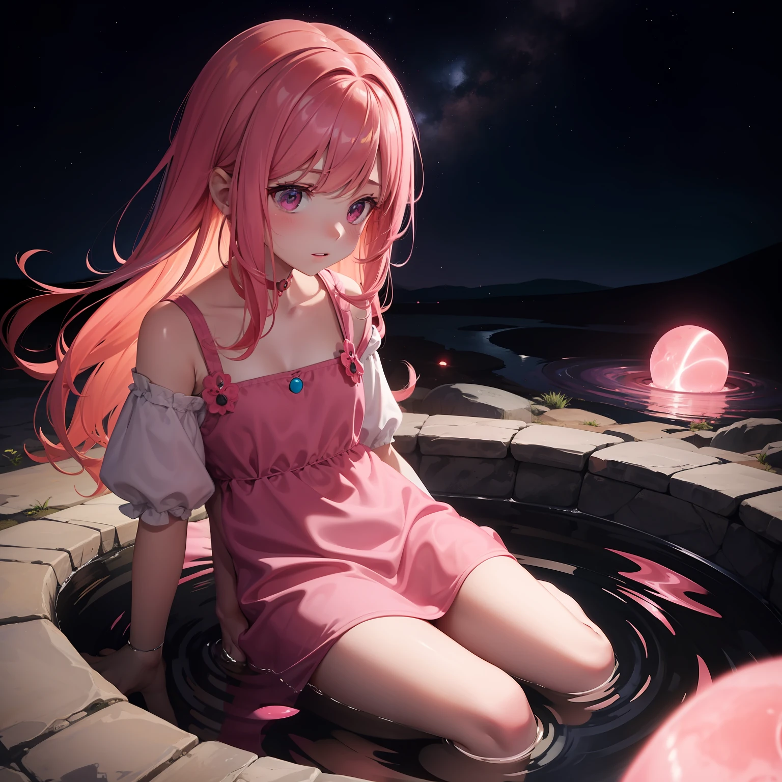 Color from space. a girl in a pink dress. Girl Coming Out Of The Well. Eyes shining in seven colors. Pink mucus from the dress. Skull rolling around a well. A glowing pink sphere floats in the air.