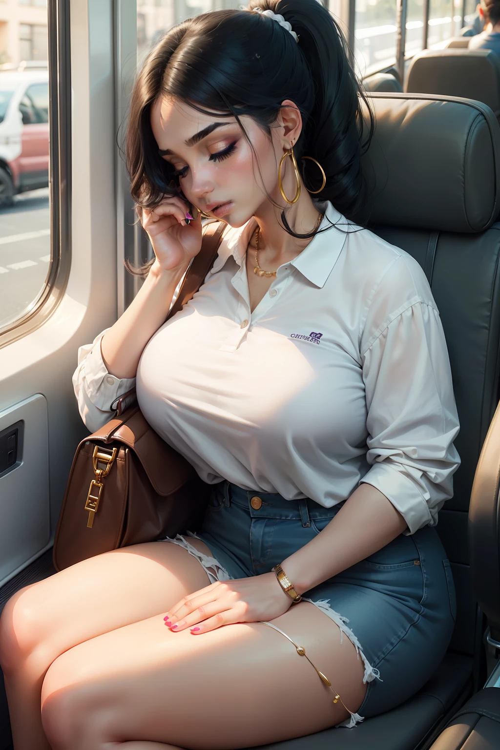 1 beautiful woman, large body, beautiful face, beautiful young woman, eyes closed, white polo shirt with neckline and gold embroidery, Latina woman, face made up, eyes closed, long eyelashes, black hair, hair tied in a tail, short ponytail, made up eyelids, long blue jeans, white sneaker, colored eye shadow, eyeliner, hoop earrings, eyelids outlined with makeup, open mouth, brown handbag, asleep on the bus, hands resting on her thigh, white pearl bracelet on the doll, asleep with its mouth open, asleep propped up on the final seat of the bus, sitting by the side of the bus window, mouth open, looking out the window, nodding.