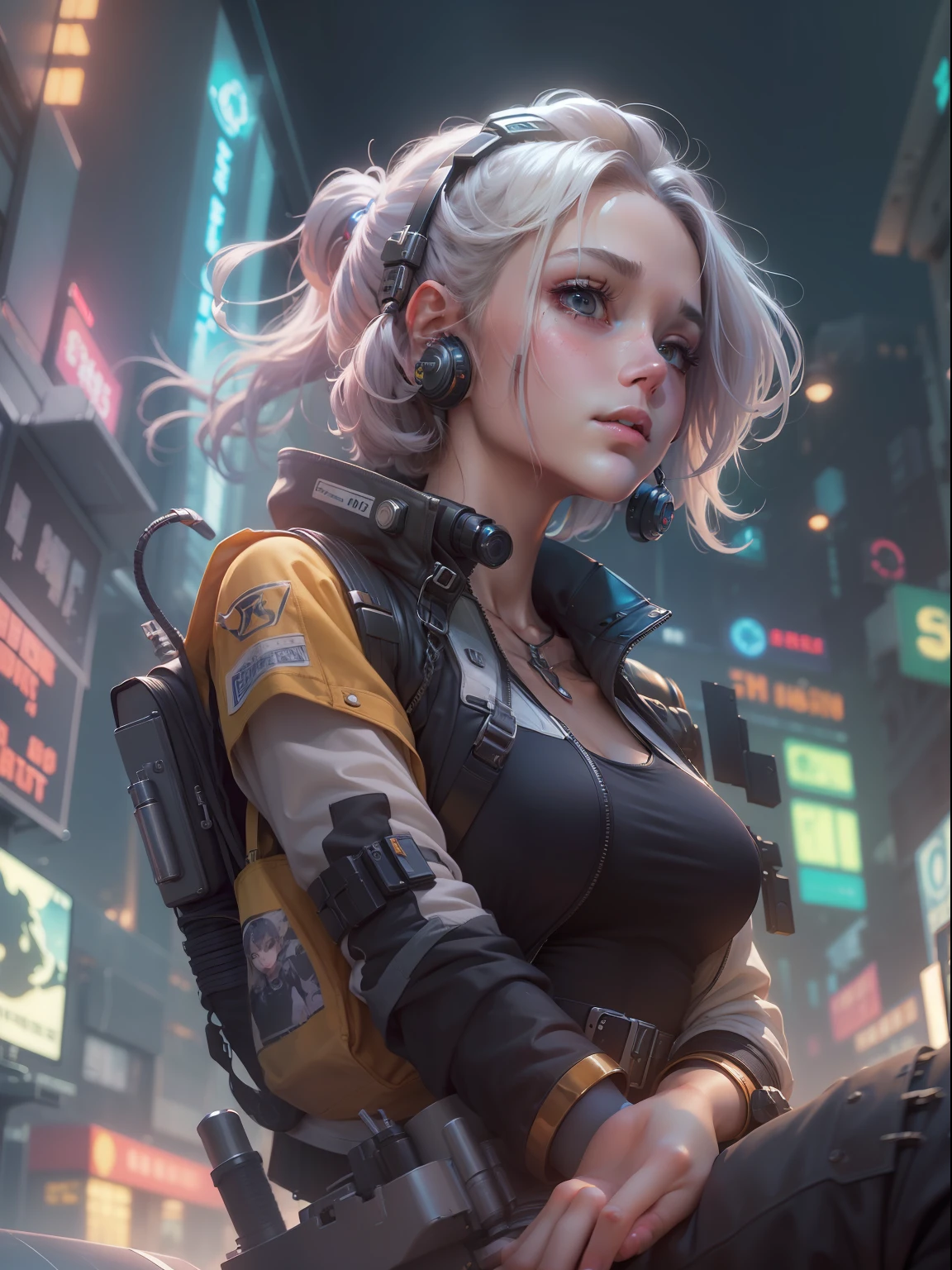 (((​masterpiece)))、(((top-quality)))、((ultra-definition))、(High Definition CG Illustration)、((extremely delicate and beautiful))、Cyber City、Cinematic Light、Girl with a sheared hairstyle、unconventional、Cyber Girl、Tank Girl、2080s、animesque、girl with、trending on artstationh、Rachel Walker