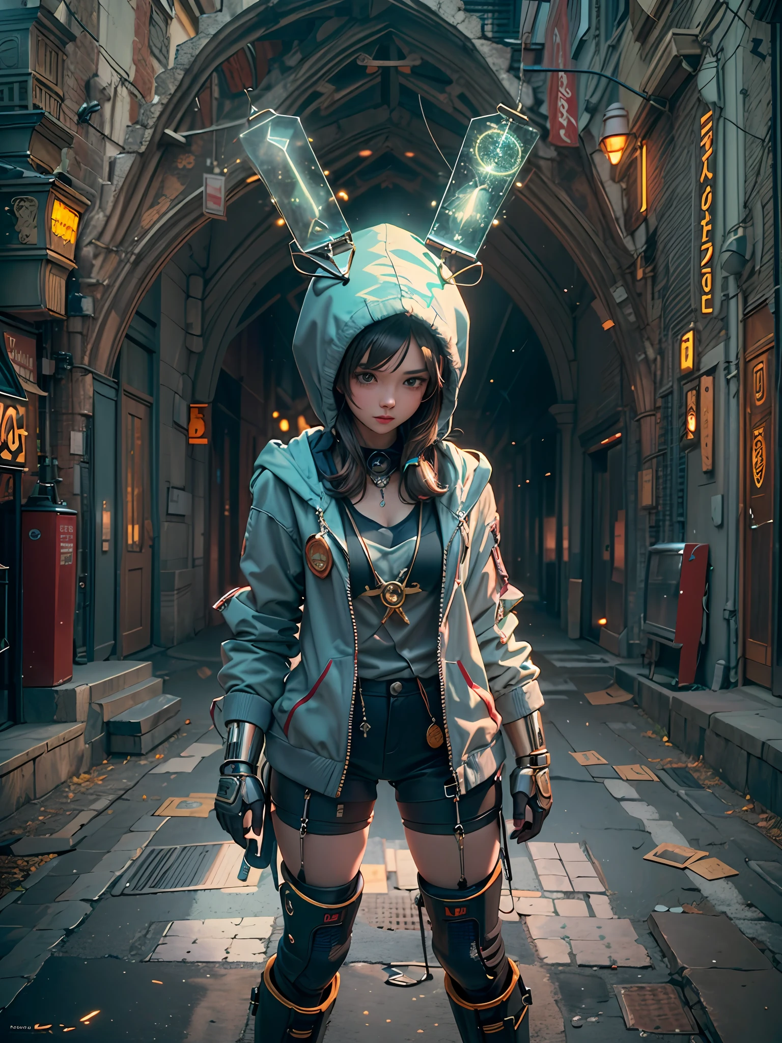 ((((adorable,captivating,enchanting,female)))),(top buns),((wearing hood,wearing leggings,wearing miniskirt,wearing backpack)),((wearing boots,wearing gloves,wearing blades)), (((fuzzy-logic, psychenautics, mysticism, urban-gothic, psychonaut, sci-fi, hi-fi, abstracted, quasi-organic, sacred geometrics, biomechanics, alchemical, isometrics))), (((most beautiful images in existence))), (masterpiece), (masterwork), ((top quality)), ((best quality)), ((highest quality)), ((high fidelity)), ((highest resolution)), ((highres)), ((hyper-detailed)), (((detail enhancement))), ((deeply detailed)), unity 8k, unreal 8k, octane render, awe inspiring, breathtaking, hdr, uhd, hdr, fhd, meticulous, intricate, intimate, nuanced, award winning, (((most beautiful artwork))), photon mapping, ray tracing, film grain, depth of field