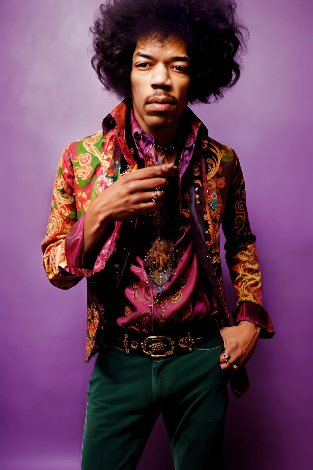 Full body portrait of JIMI HENDRIX man with a messy afro Hair Style, Detailed face, (perfect eyes), (highly detailed skin:1.1), perfect body,  wearing Paisley print shirt and jeans pants , Modelshoot style, Professional Photography, soft lighting, PHOTOREALISTIC, Realistic, standing in a dark studio background, blurred background, RAW, analog, sharp focus, 8k, high resolution, DSLR, high quality, Fujifilm XT3, film grain, award winning,