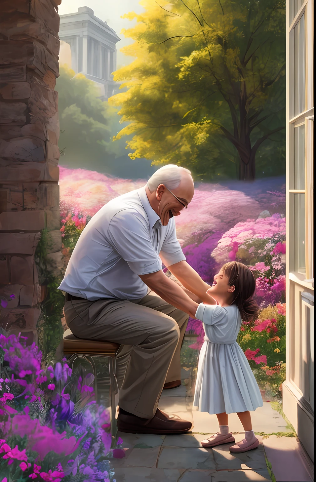 The father lifts the child high, laughing, large area of flowers in the foreground, soft light, comfortable tones, hyper-realistic, 8k